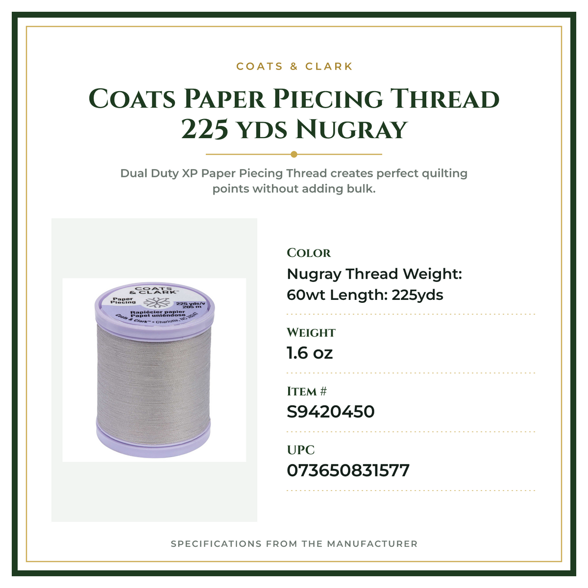 Product Specifications – Coats Paper Piecing Thread 225 yds Nugray
