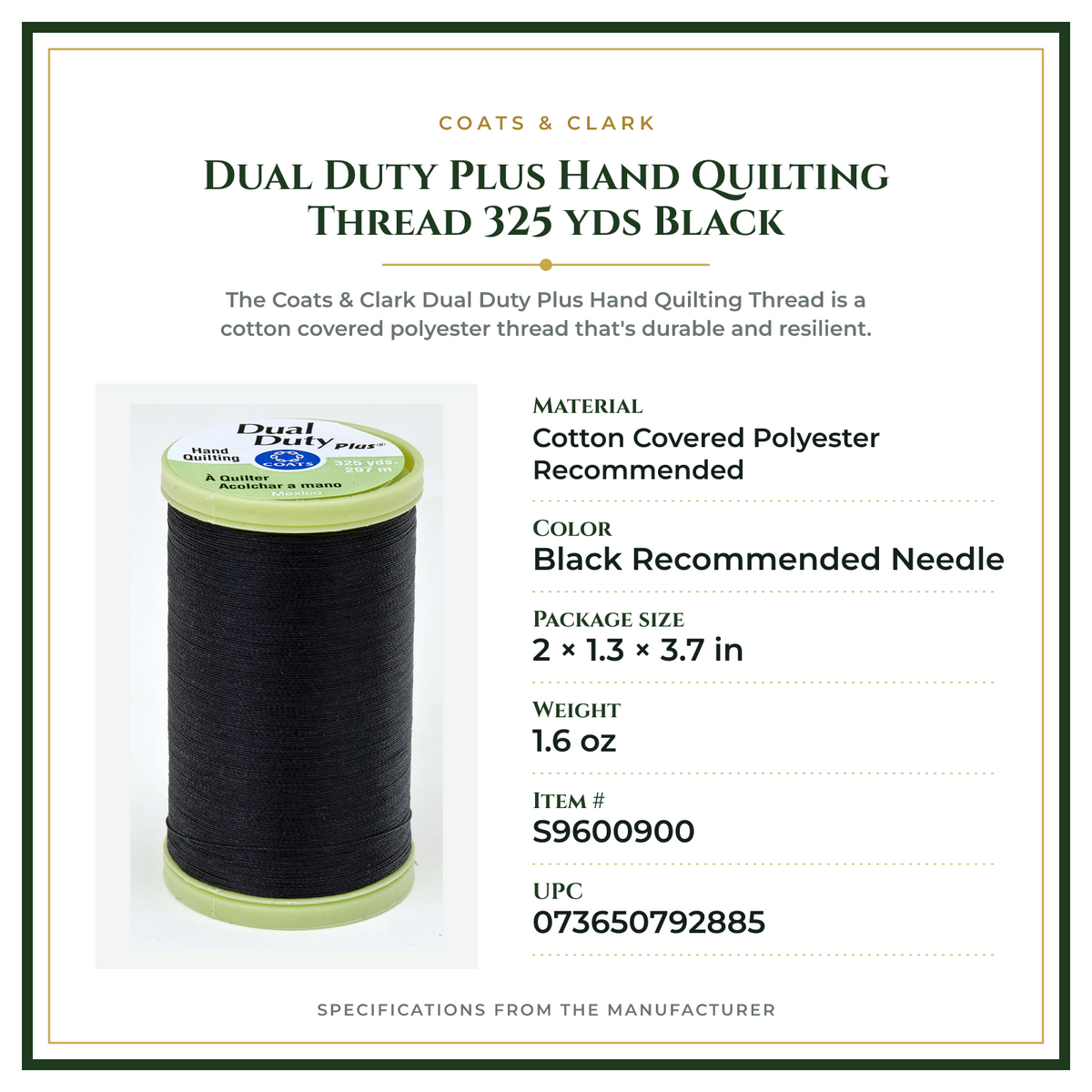 Product Specifications – Dual Duty Plus Hand Quilting Thread 325 yds Black