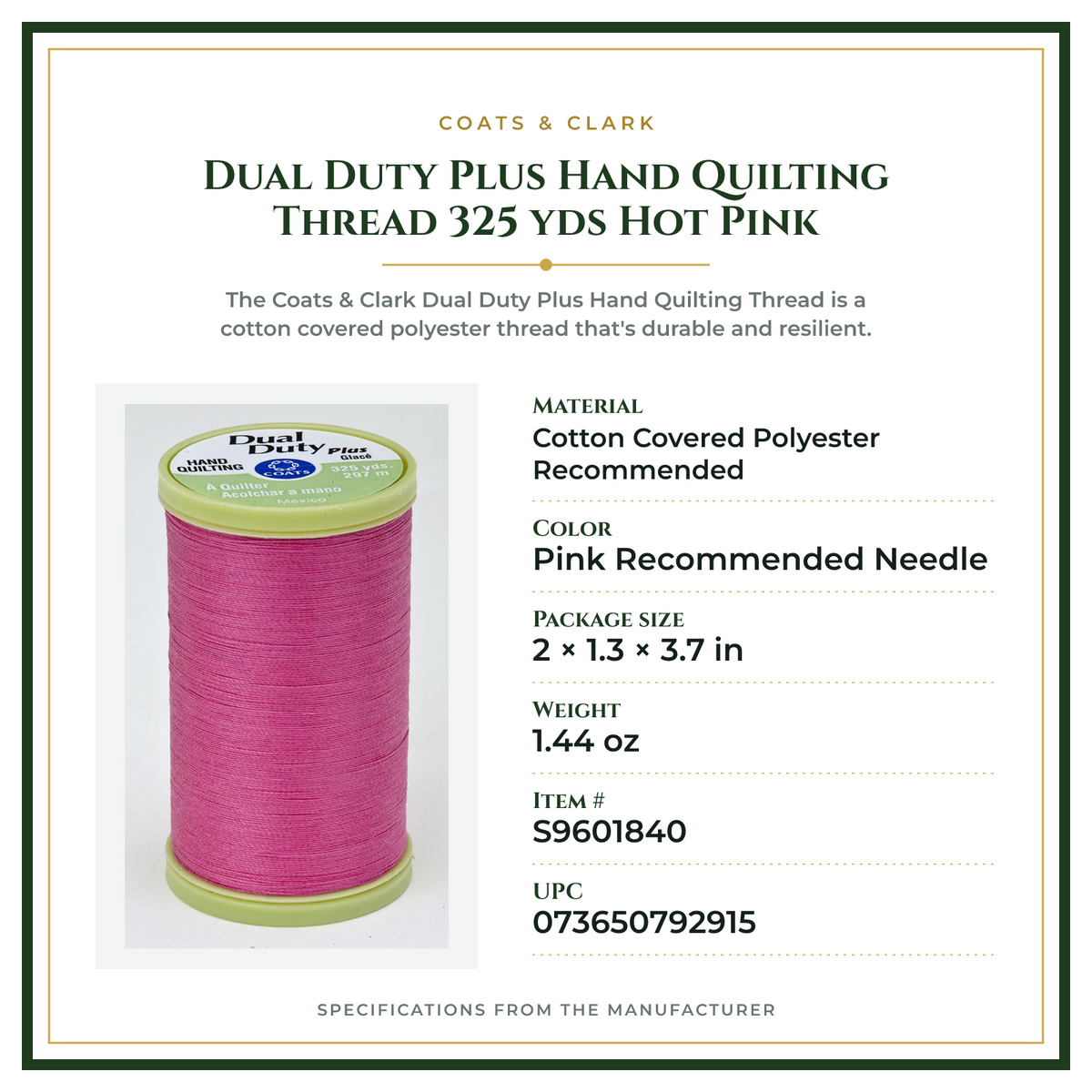 Product Specifications – Dual Duty Plus Hand Quilting Thread 325 yds Hot Pink