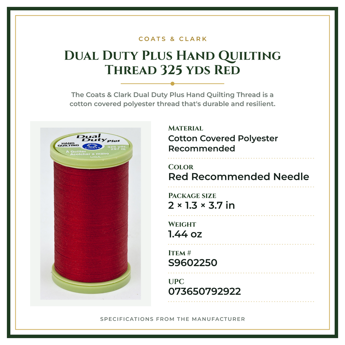Product Specifications – Dual Duty Plus Hand Quilting Thread 325 yds Red