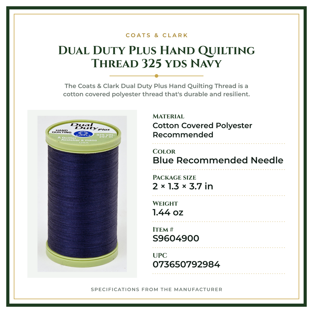 Product Specifications – Dual Duty Plus Hand Quilting Thread 325 yds Navy