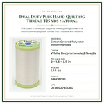 Product Specifications – Dual Duty Plus Hand Quilting Thread 325 yds Natural