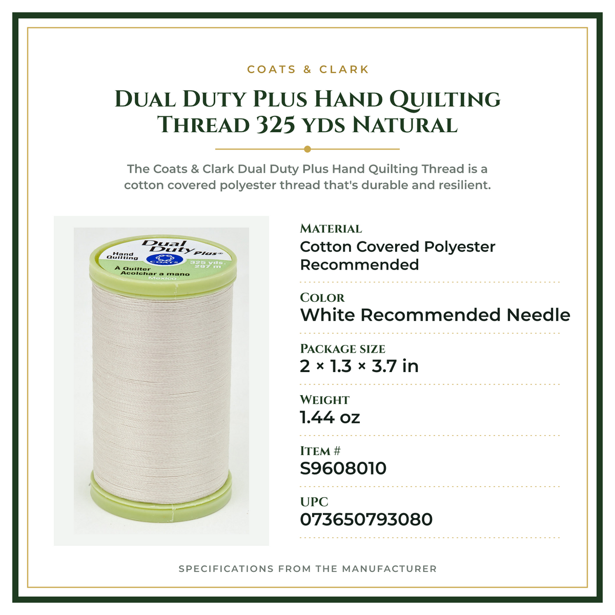 Product Specifications – Dual Duty Plus Hand Quilting Thread 325 yds Natural