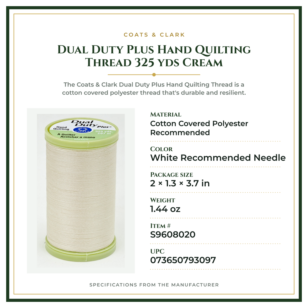 Product Specifications – Dual Duty Plus Hand Quilting Thread 325 yds Cream