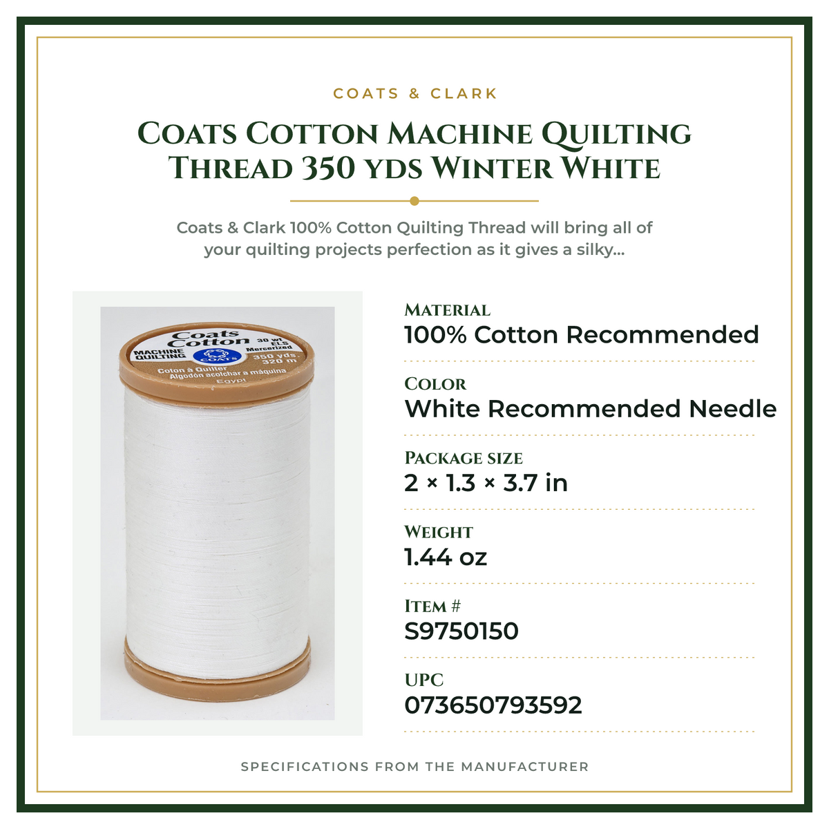 Product Specifications – Coats Cotton Machine Quilting Thread 350 yds Winter White