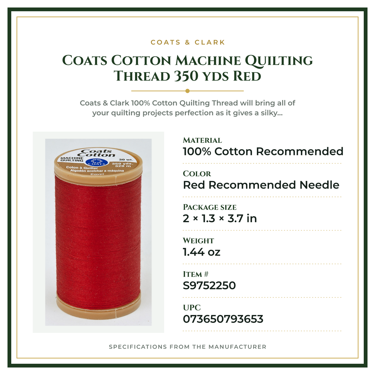 Product Specifications – Coats Cotton Machine Quilting Thread 350 yds Red