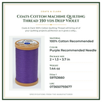 Product Specifications – Coats Cotton Machine Quilting Thread 350 yds Deep Violet
