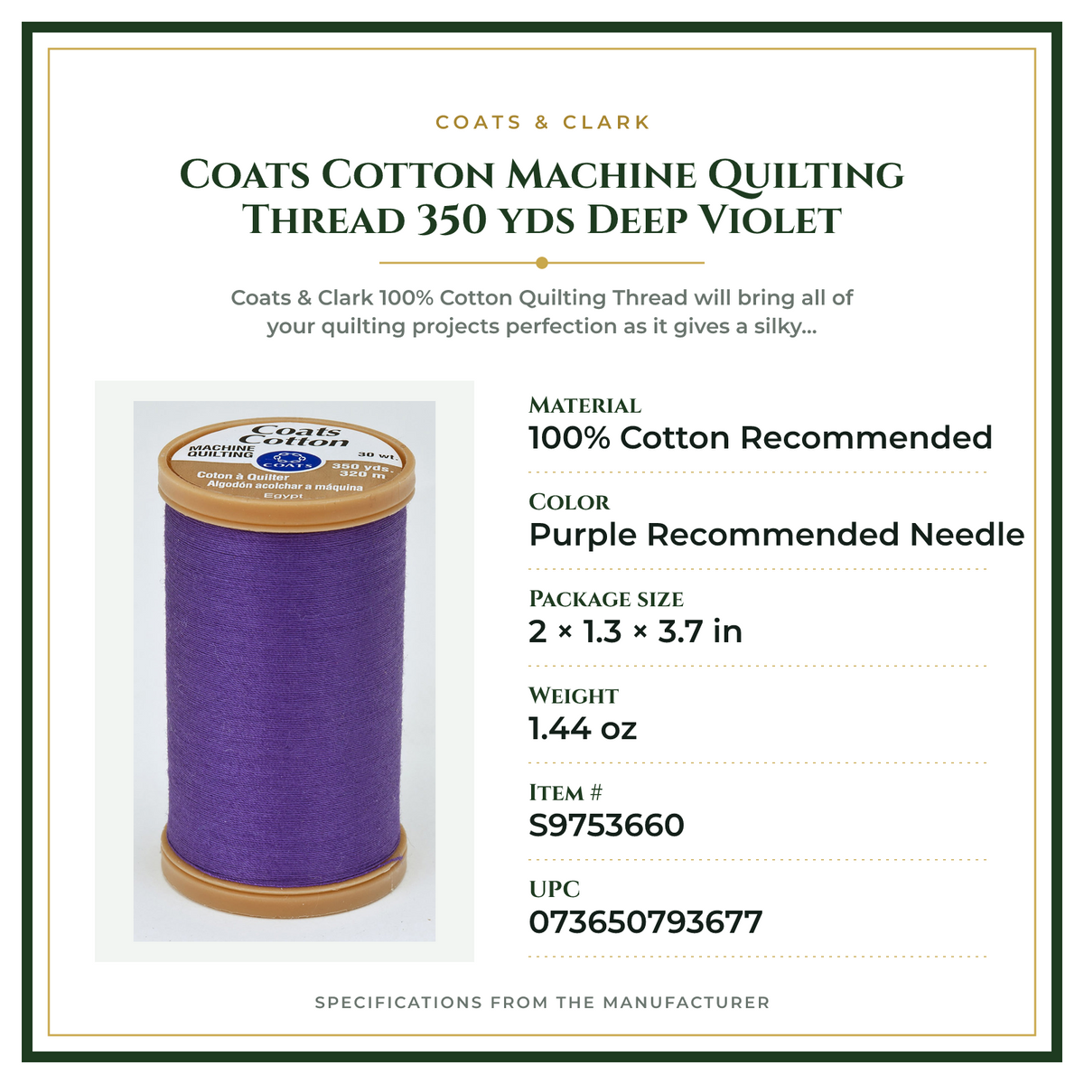 Product Specifications – Coats Cotton Machine Quilting Thread 350 yds Deep Violet