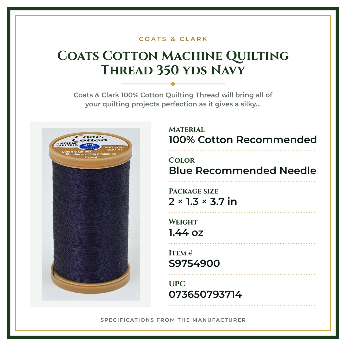 Product Specifications – Coats Cotton Machine Quilting Thread 350 yds Navy
