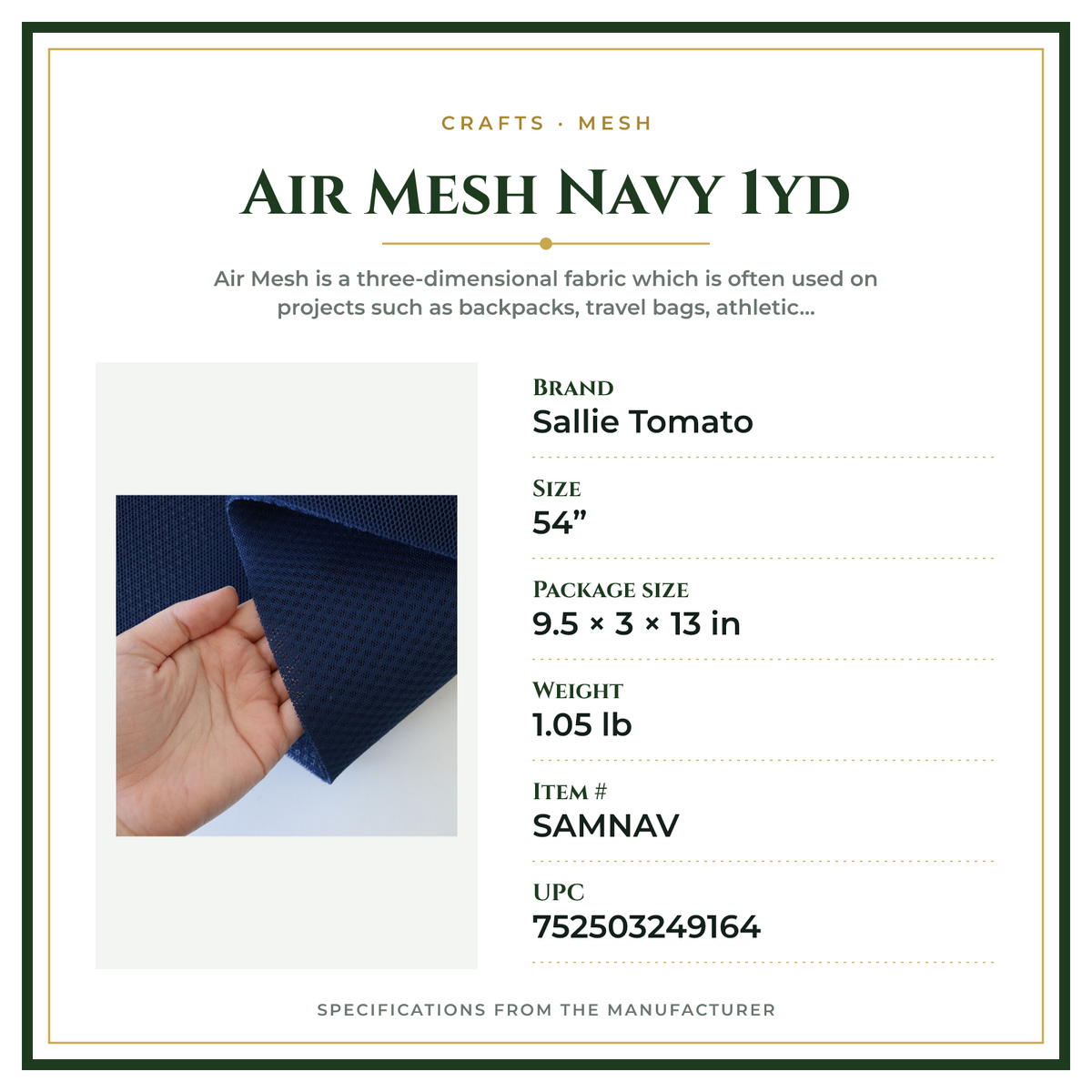 Product Specifications – Air Mesh Navy 1yd