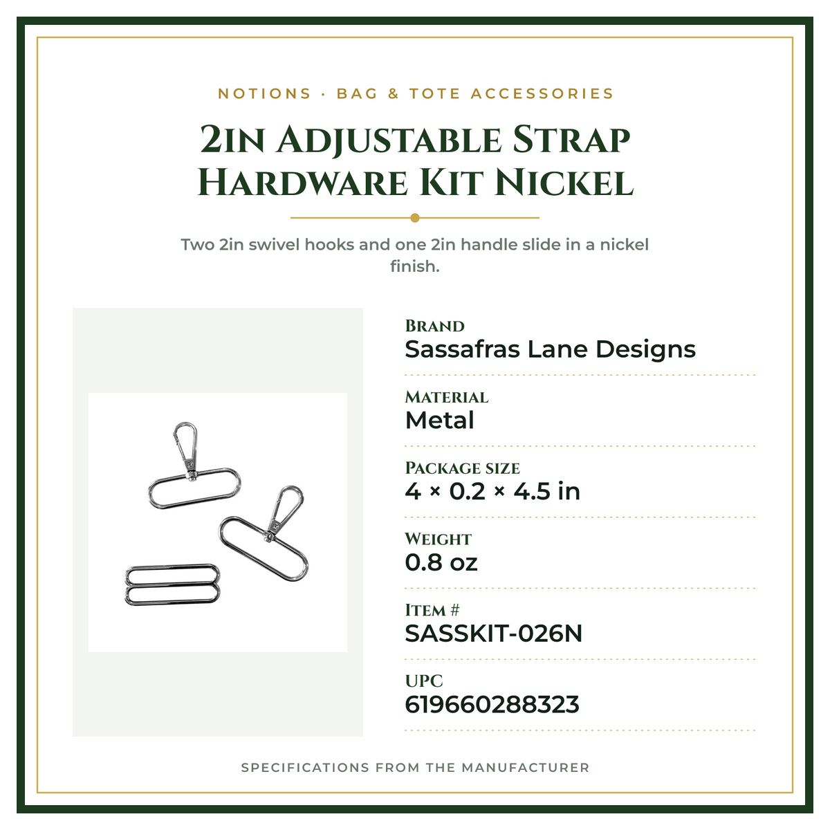Product Specifications – 2in Adjustable Strap Hardware Kit Nickel