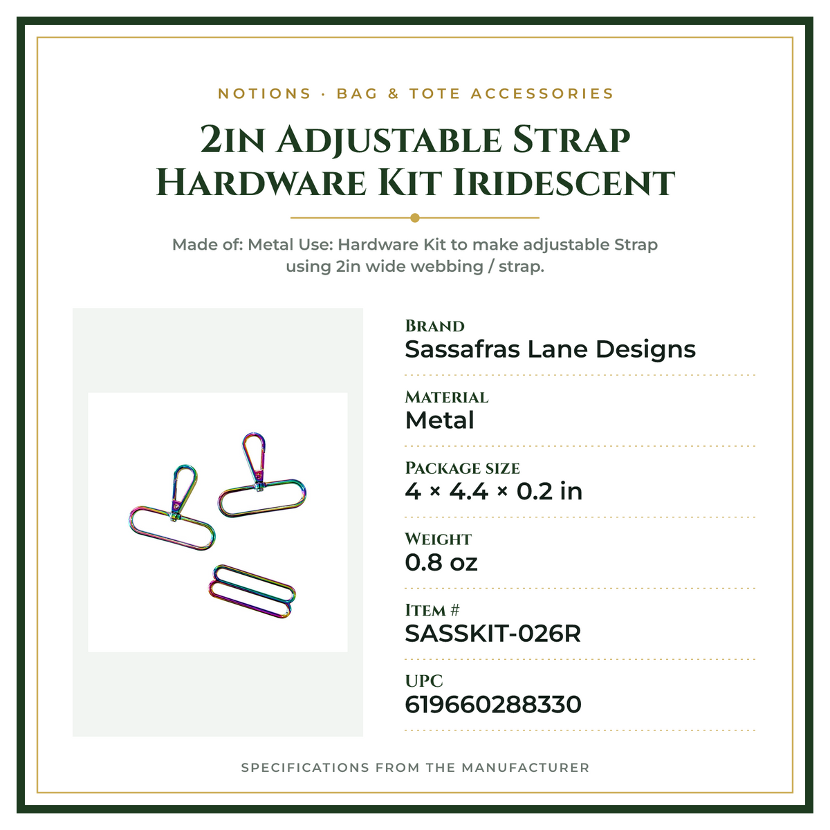 Product Specifications – 2in Adjustable Strap Hardware Kit Iridescent
