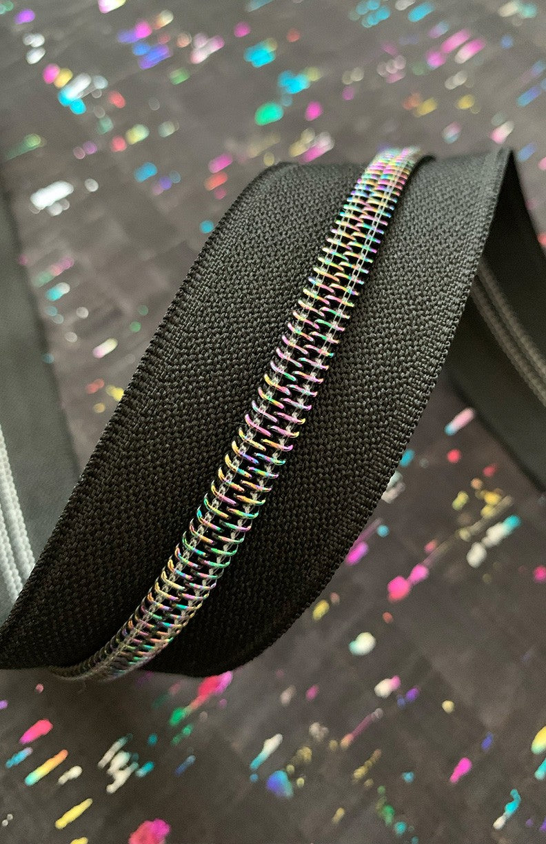 Black Zipper Tape with Iridescent Teeth