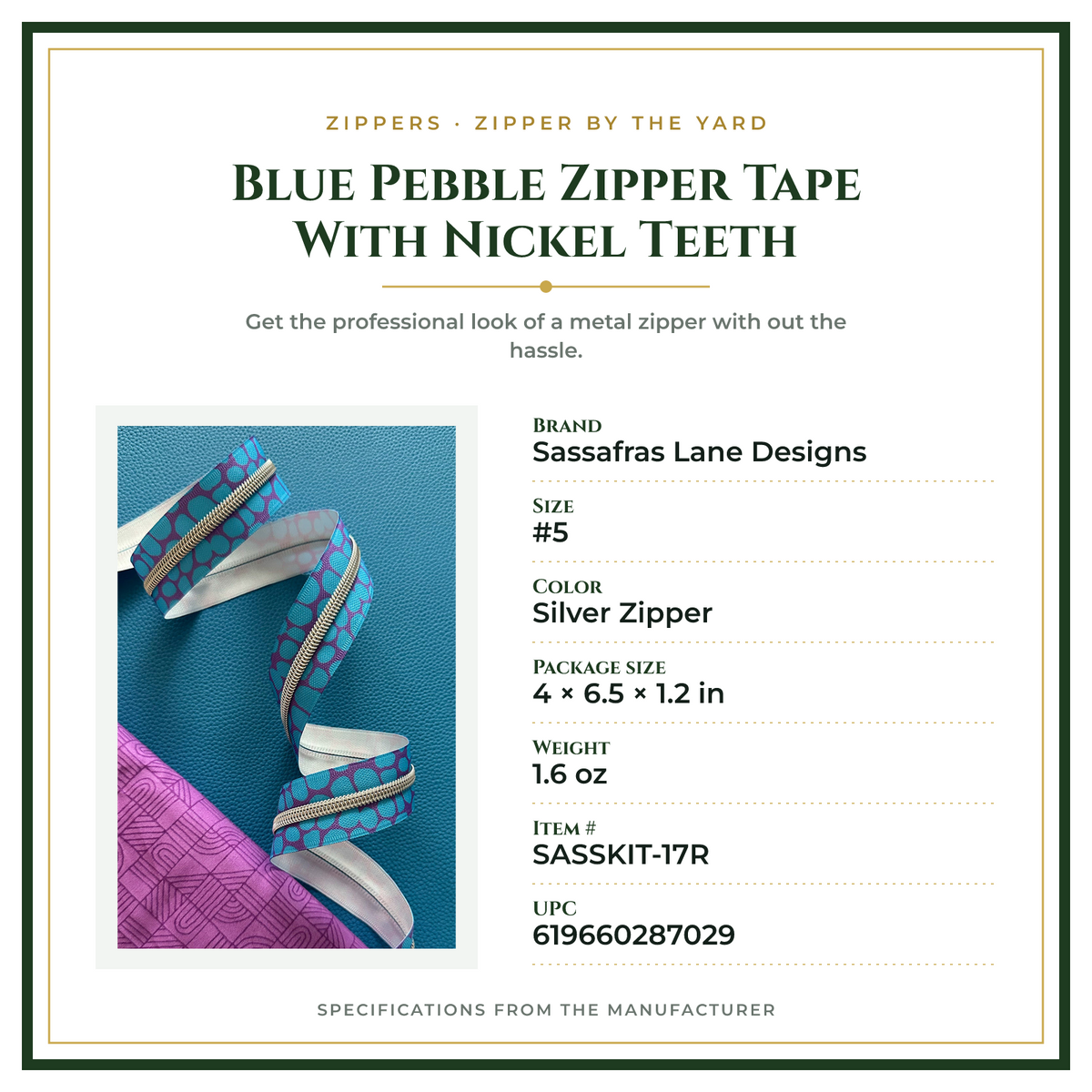 Product Specifications – Blue Pebble Zipper Tape With Nickel Teeth