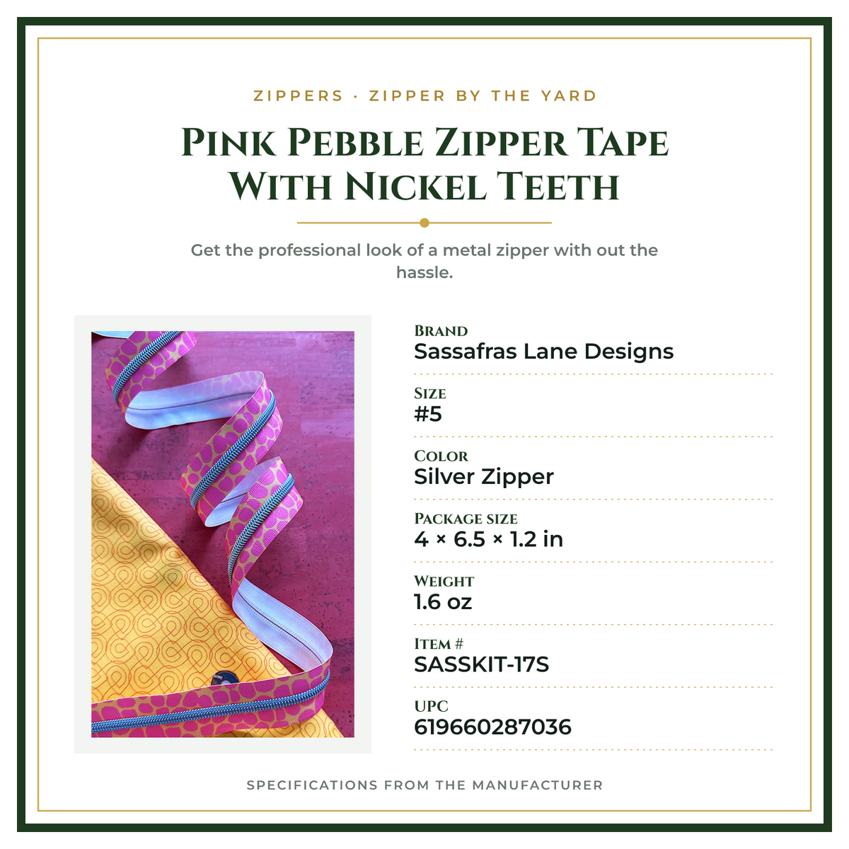 Product Specifications – Pink Pebble Zipper Tape With Nickel Teeth