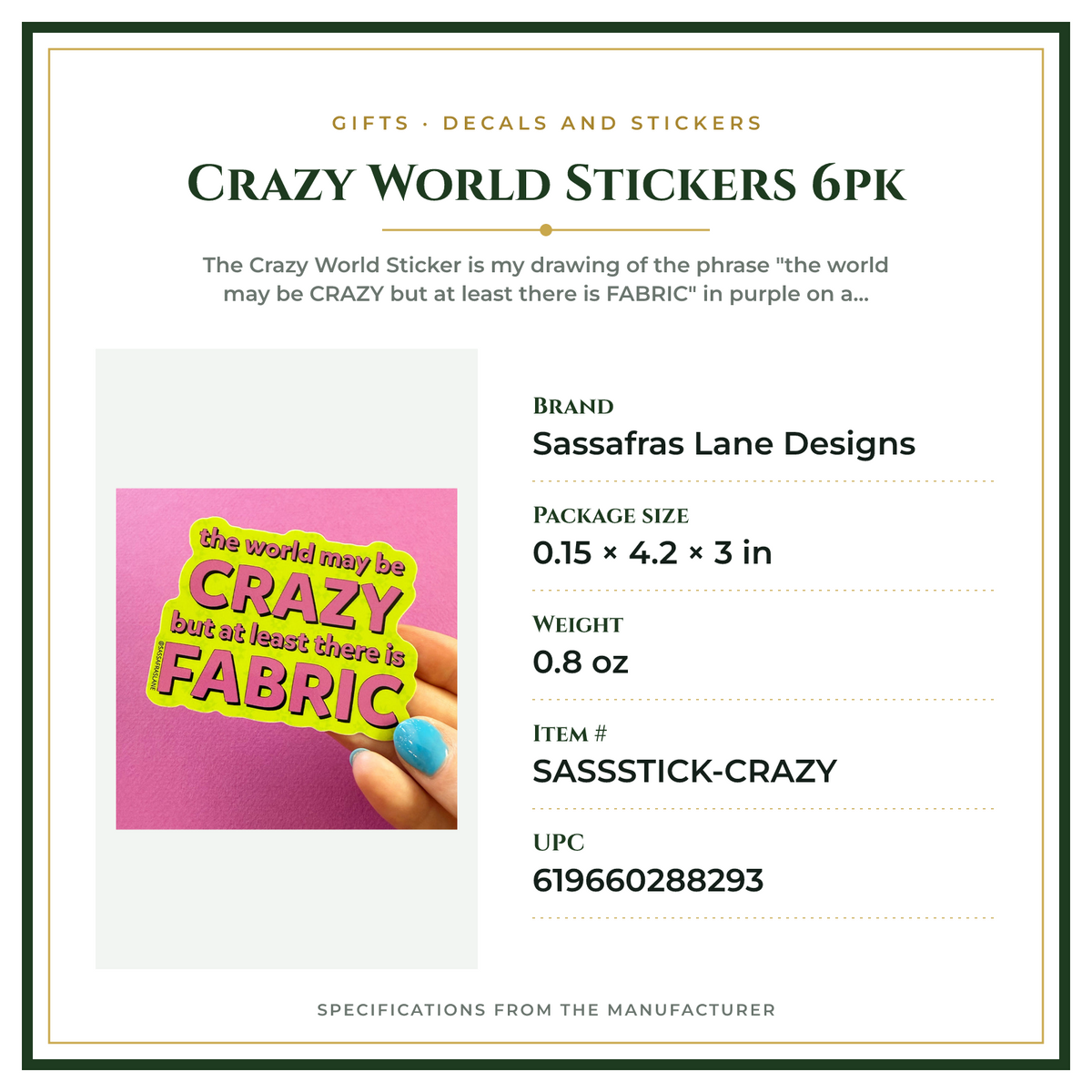 Product Specifications – Crazy World Stickers 6pk