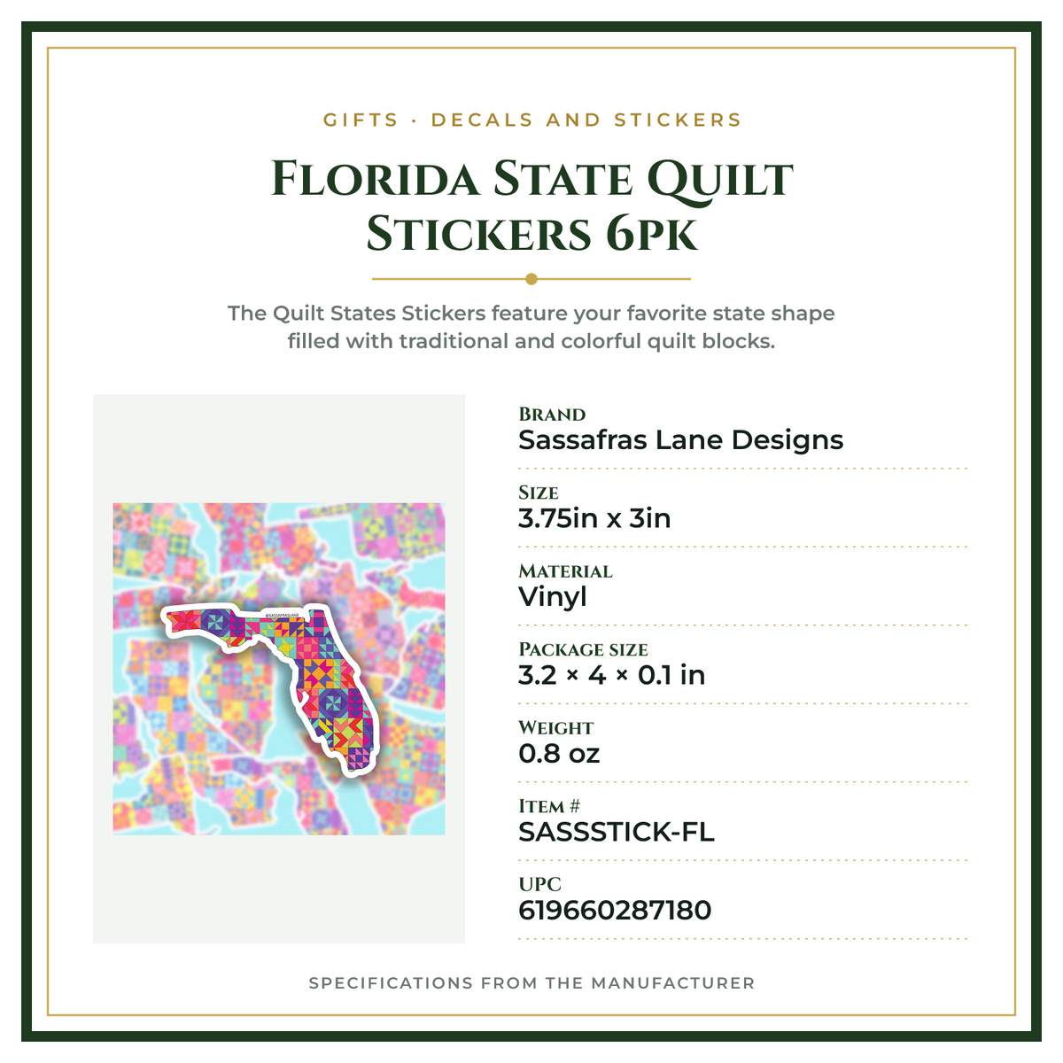 Product Specifications – Florida State Quilt Stickers 6pk