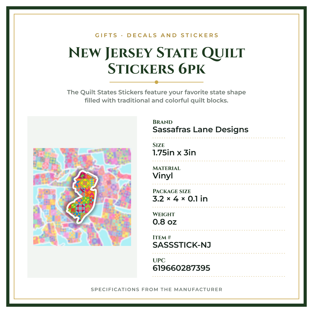 Product Specifications – New Jersey State Quilt Stickers 6pk