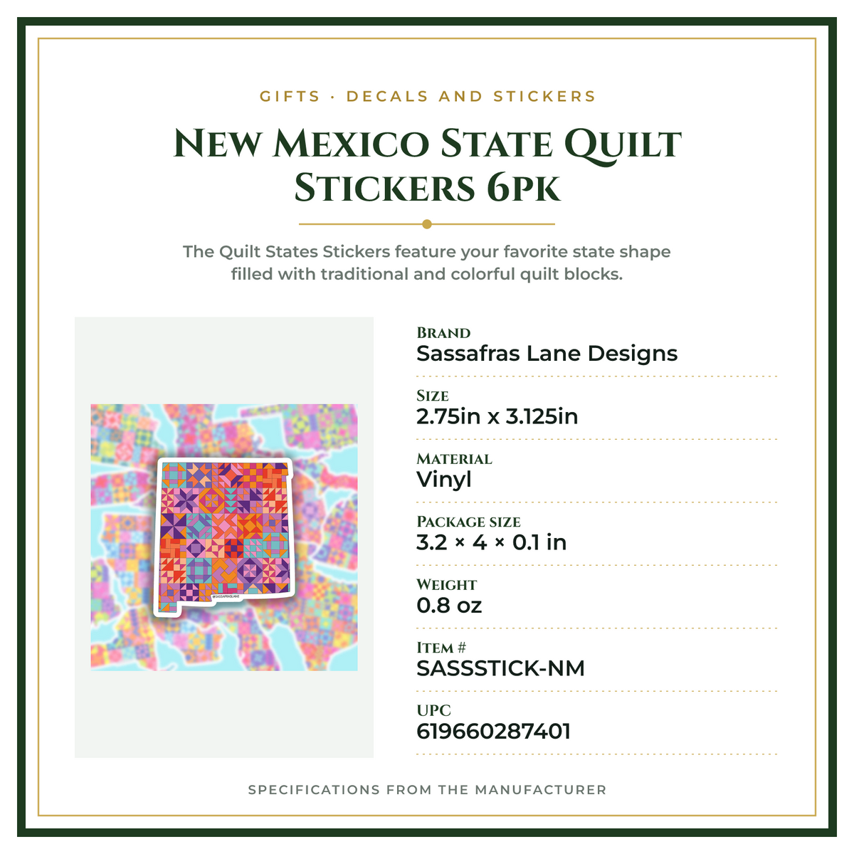 Product Specifications – New Mexico State Quilt Stickers 6pk