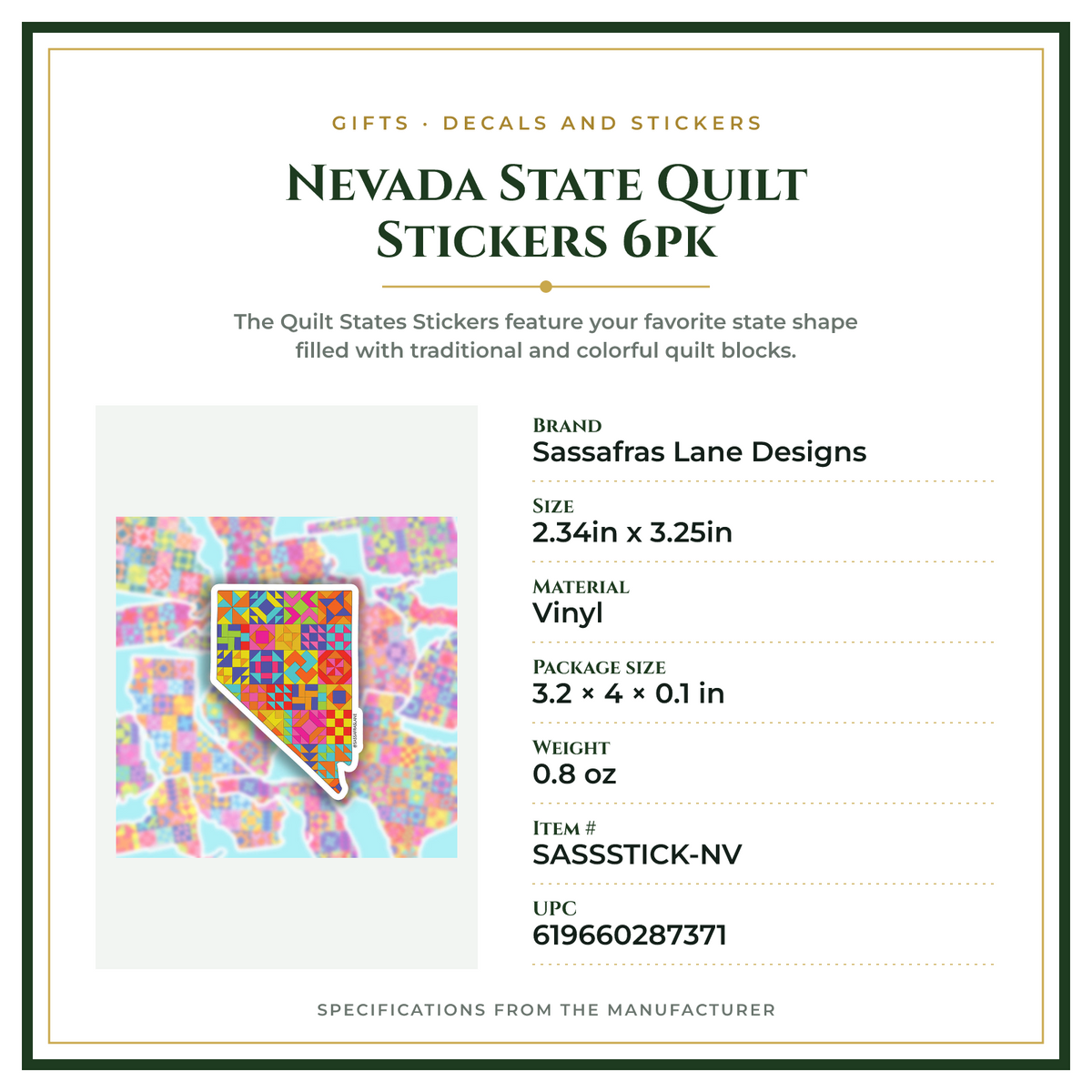 Product Specifications – Nevada State Quilt Stickers 6pk