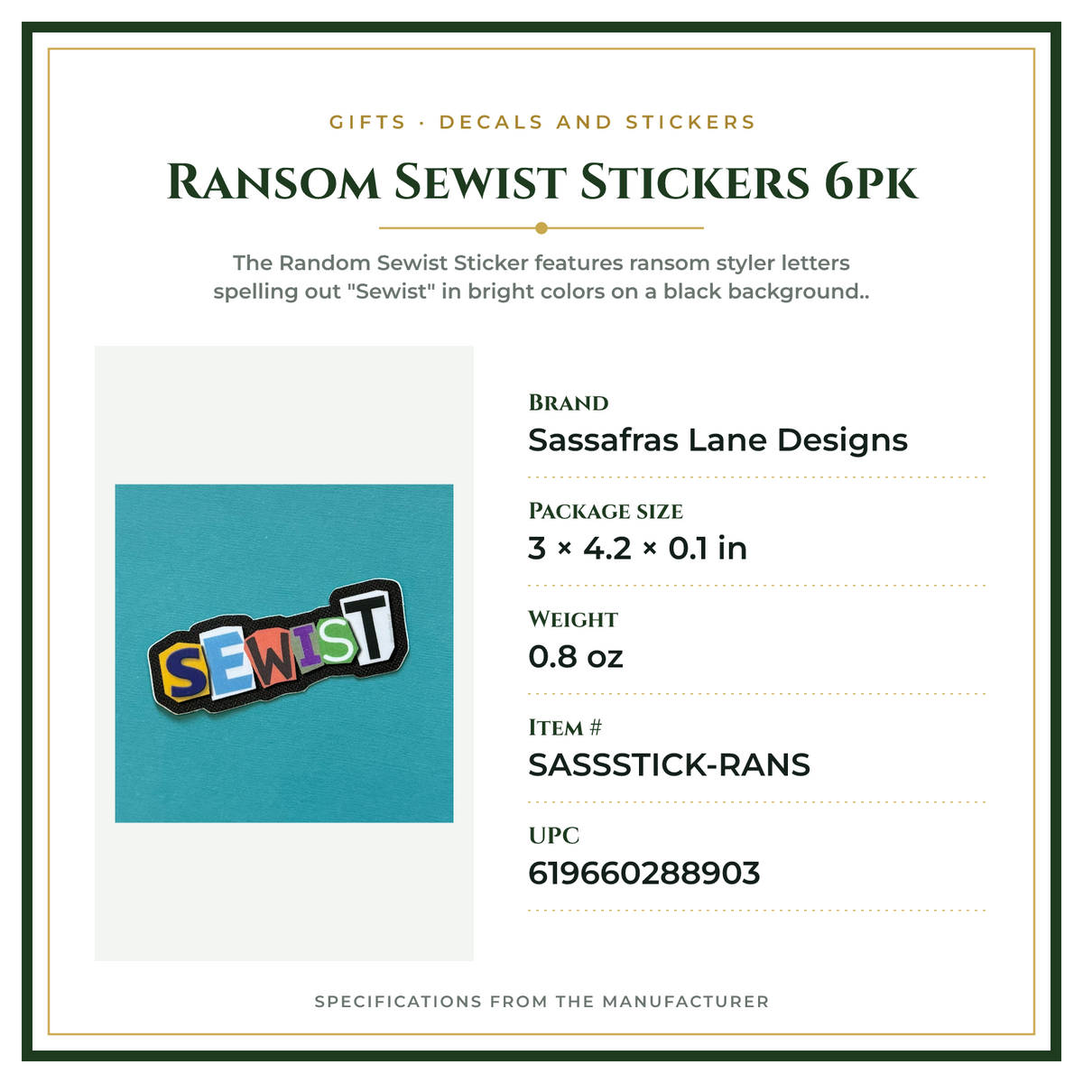 Product Specifications – Ransom Sewist Stickers 6pk