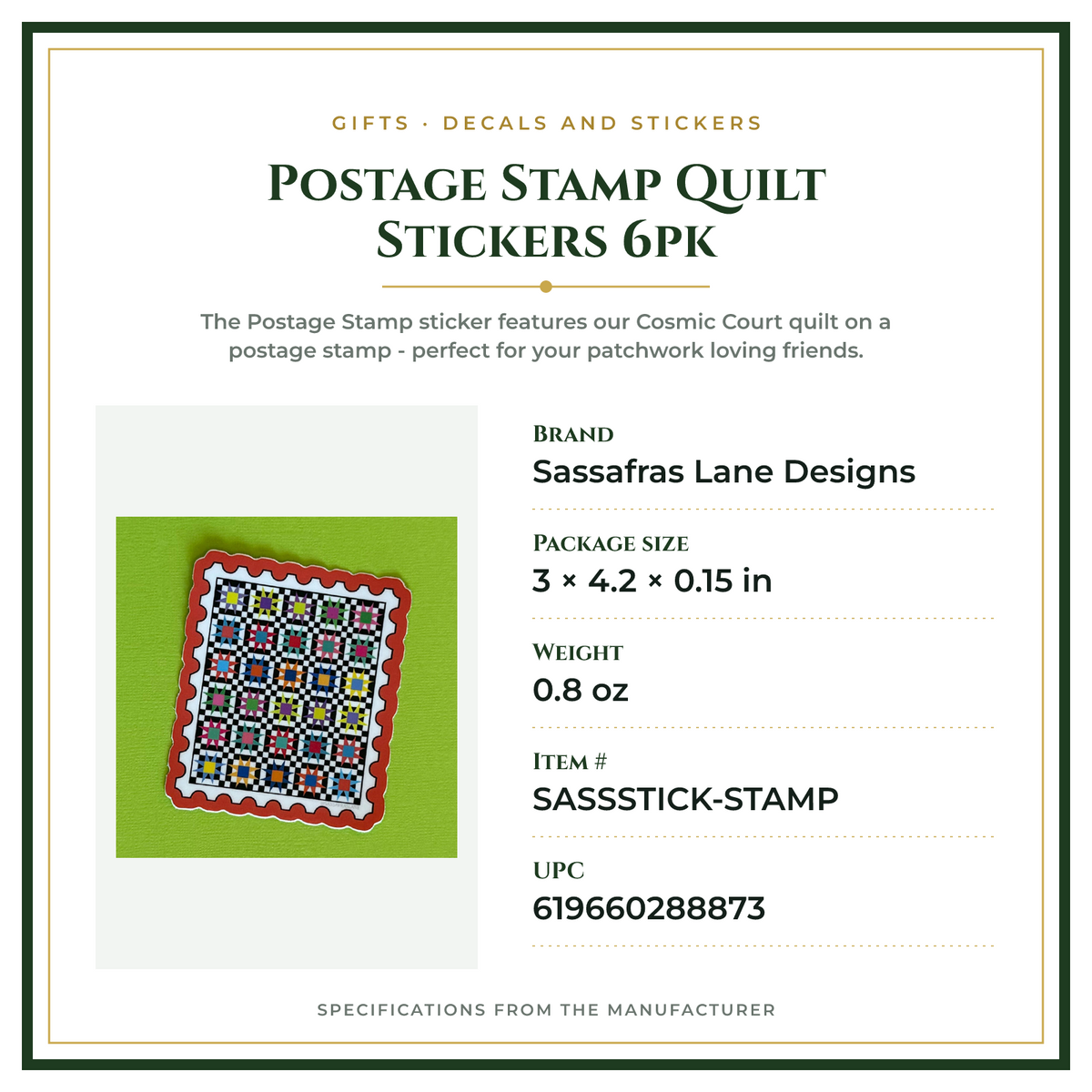 Product Specifications – Postage Stamp Quilt Stickers 6pk