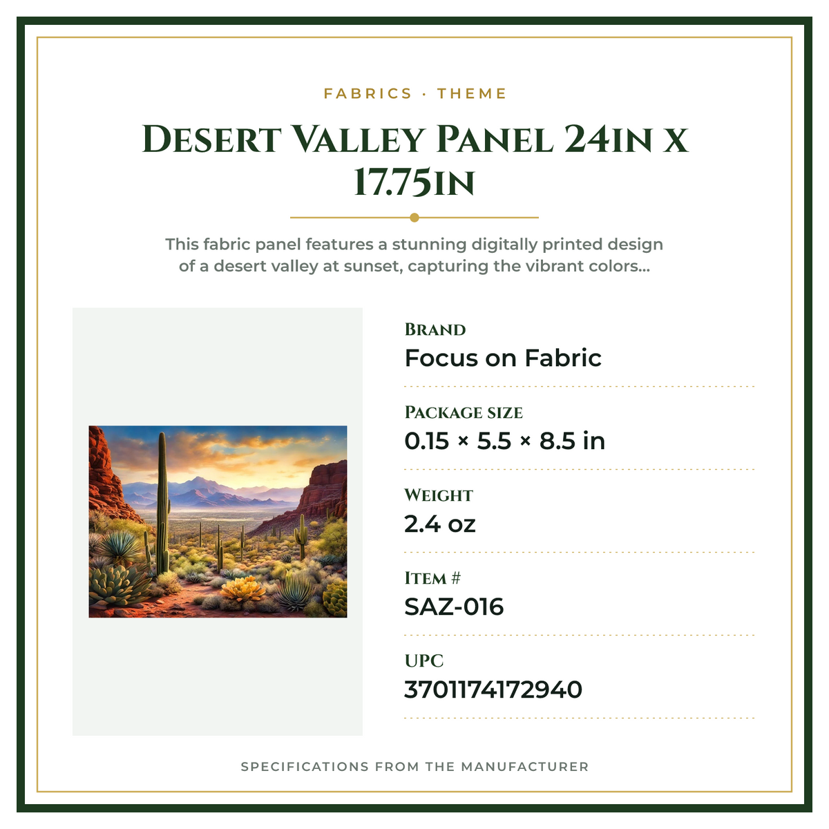 Product Specifications – Desert Valley Panel 24in x 17.75in