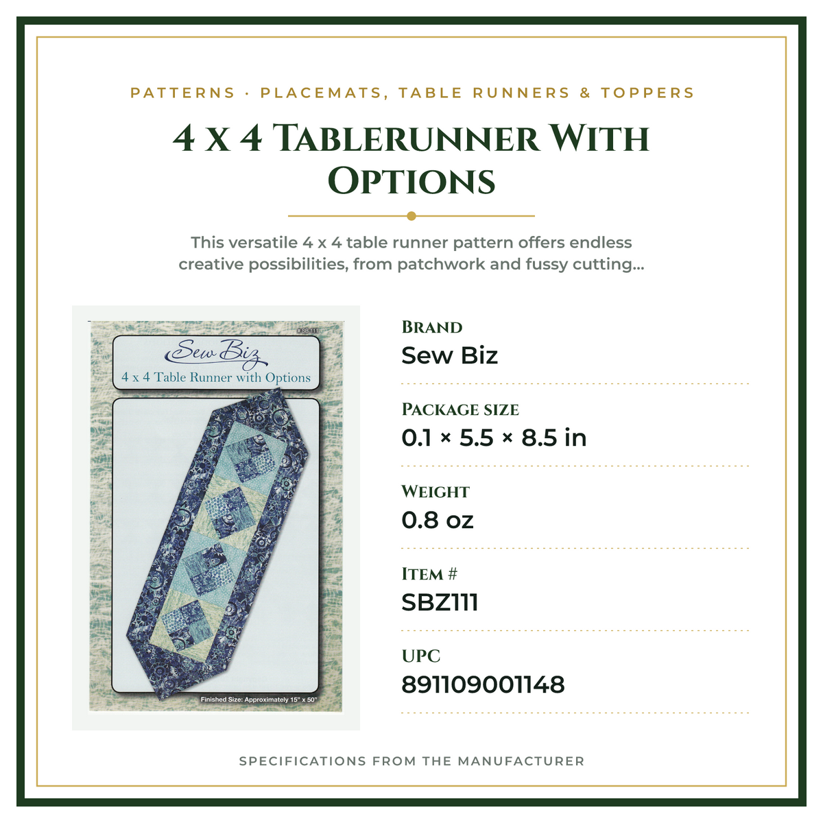 Product Specifications – 4 x 4 Tablerunner With Options