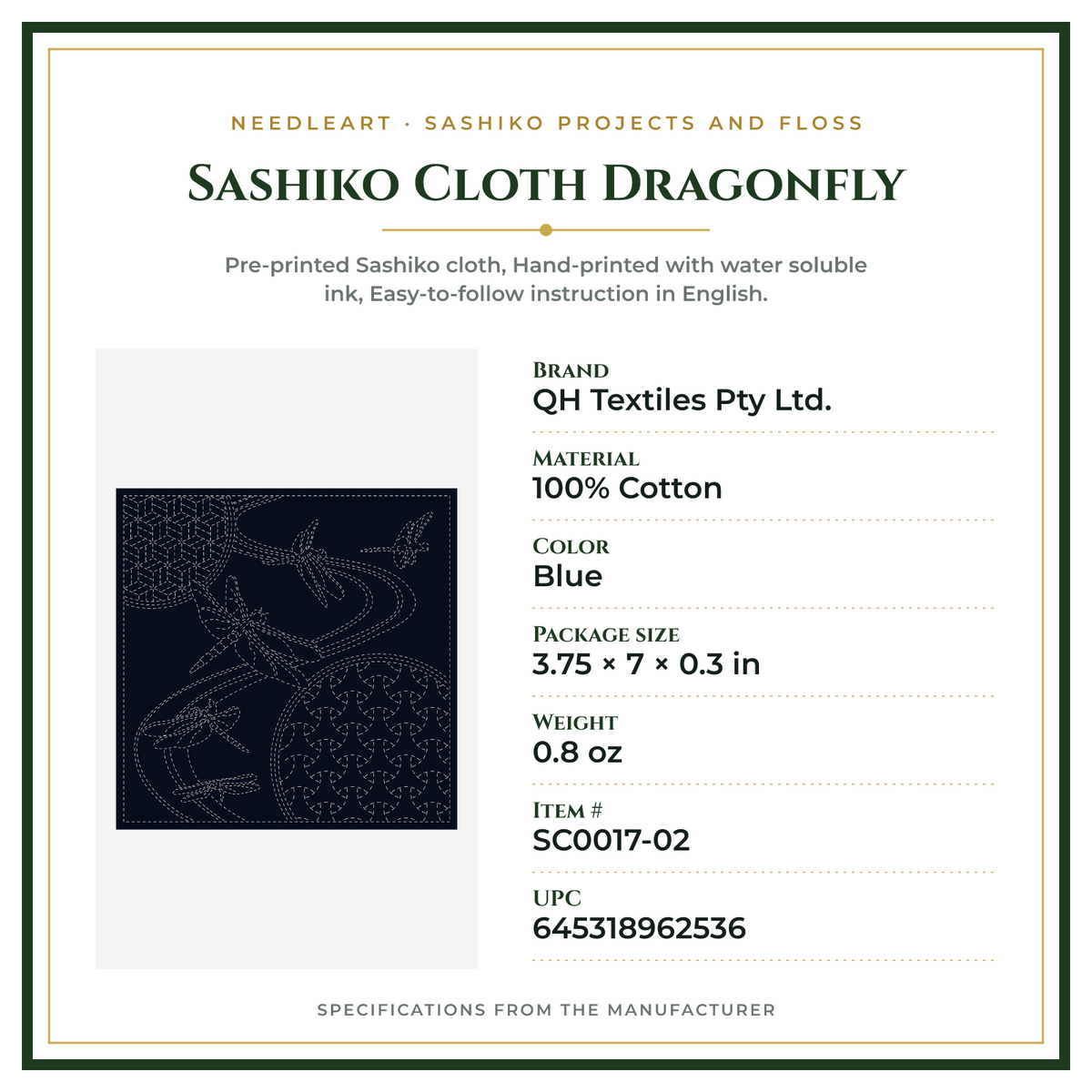 Product Specifications – Sashiko Cloth Dragonfly