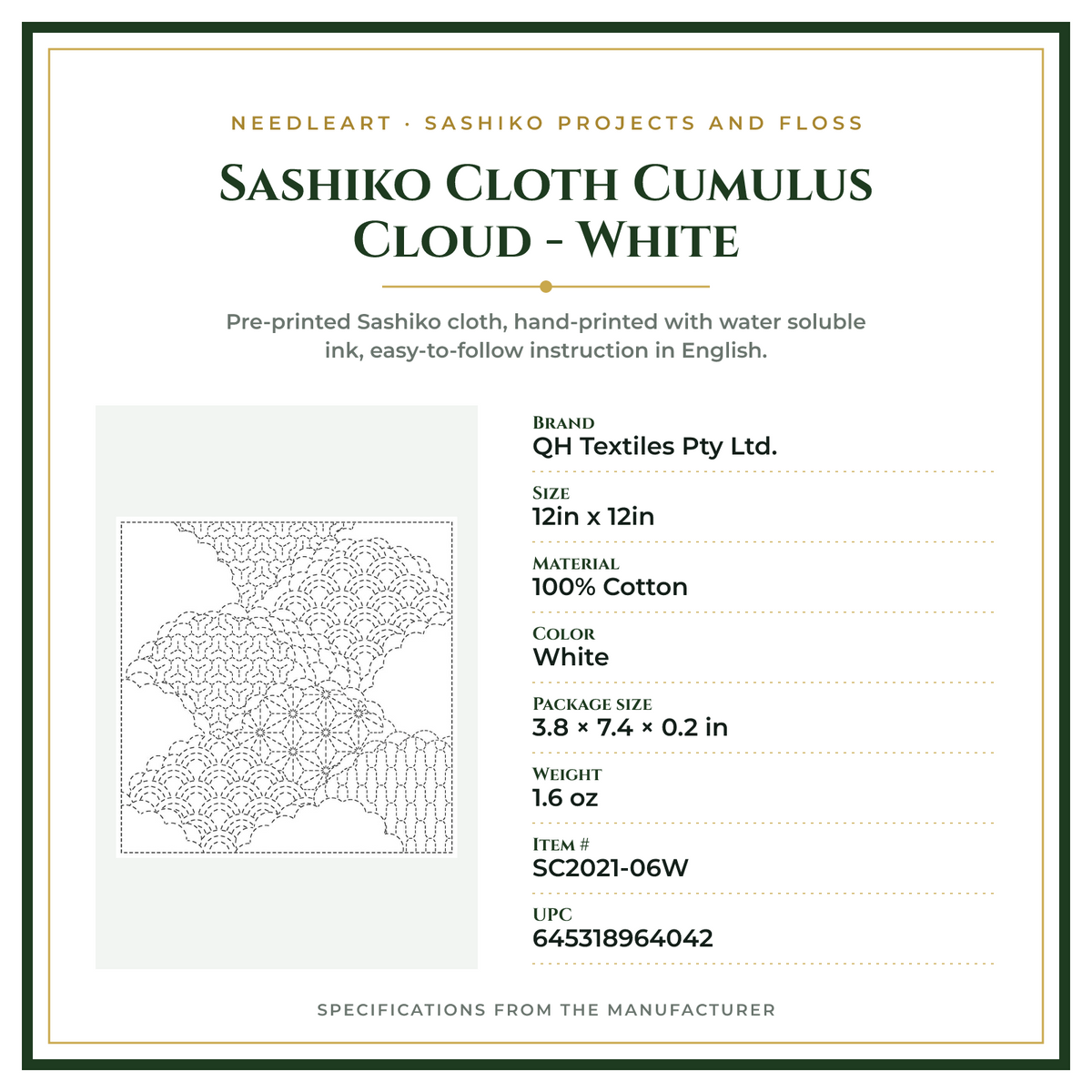 Product Specifications – Sashiko Cloth Cumulus Cloud - White