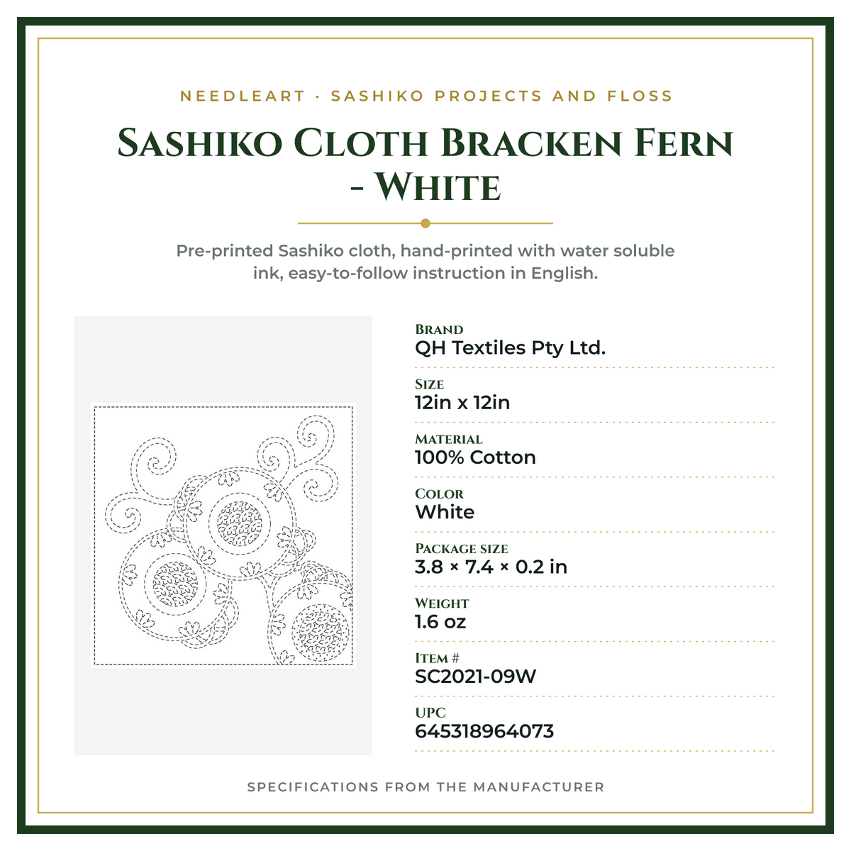 Product Specifications – Sashiko Cloth Bracken Fern - White
