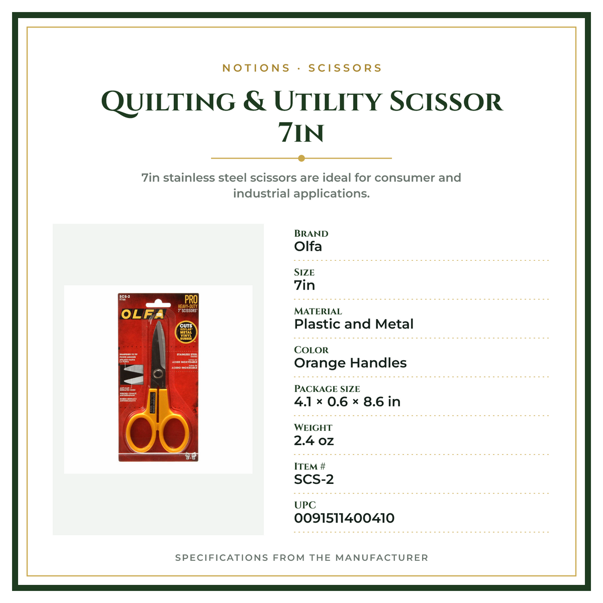 Product Specifications – Quilting & Utility Scissor 7in