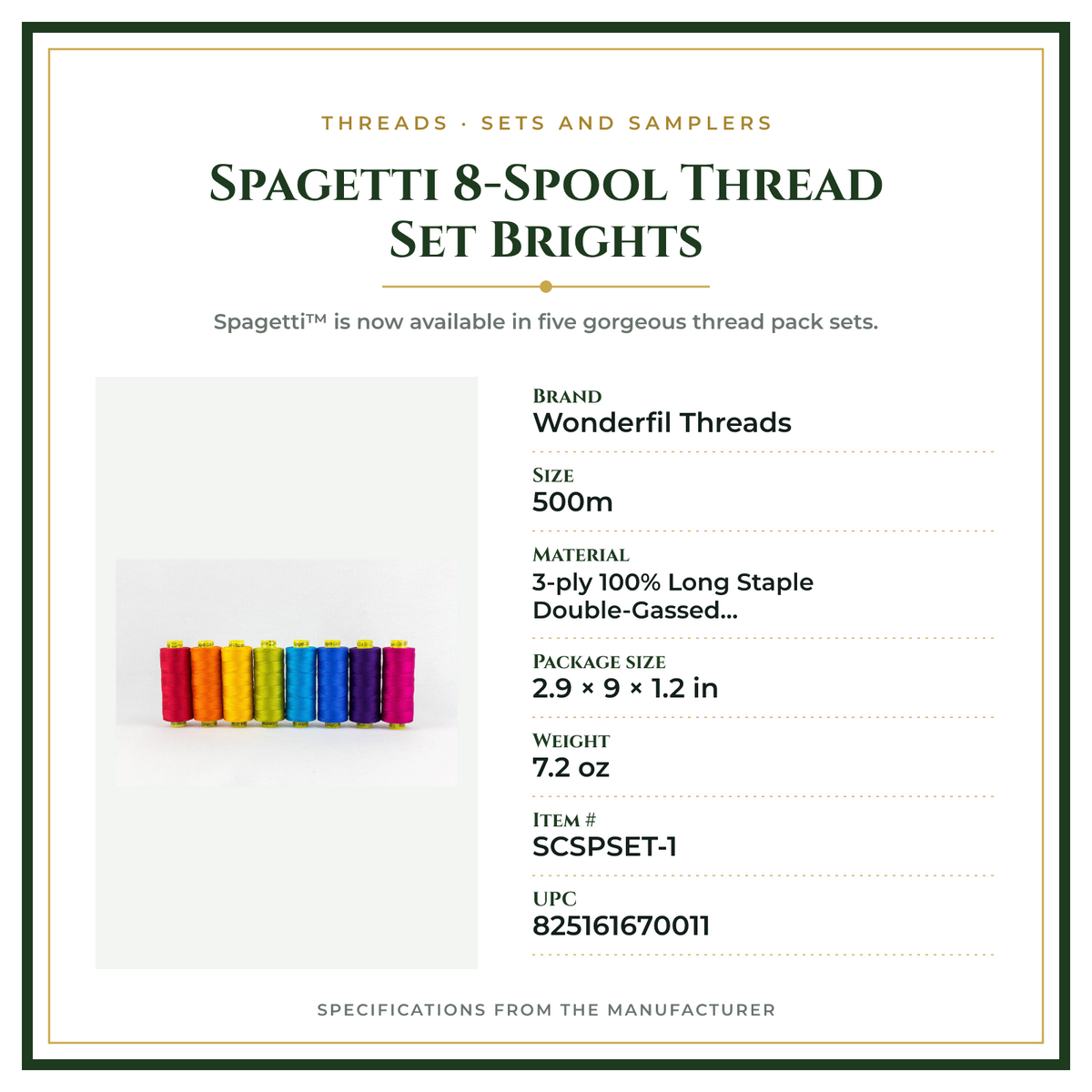 Product Specifications – Spagetti 8-Spool Thread Set Brights