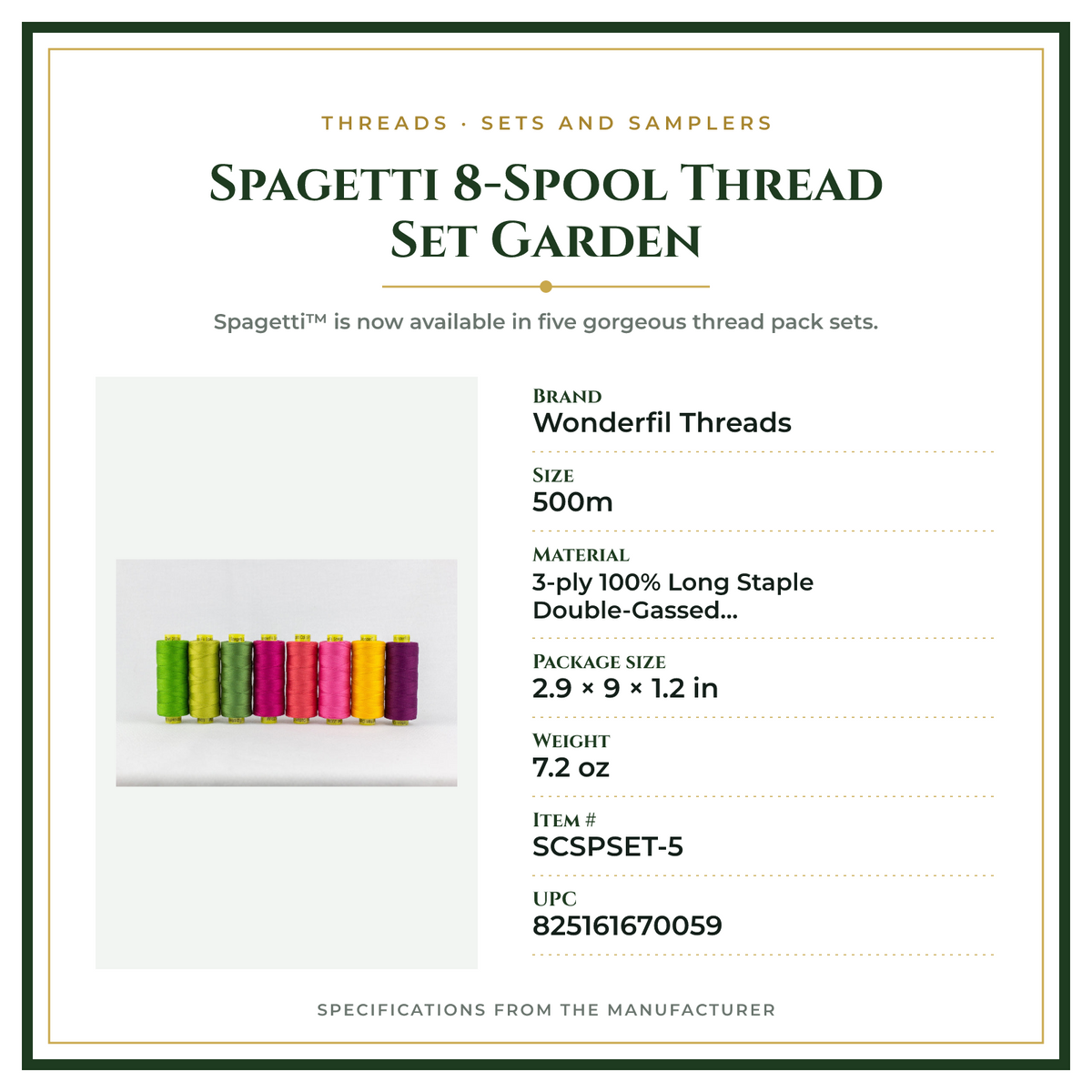 Product Specifications – Spagetti 8-Spool Thread Set Garden