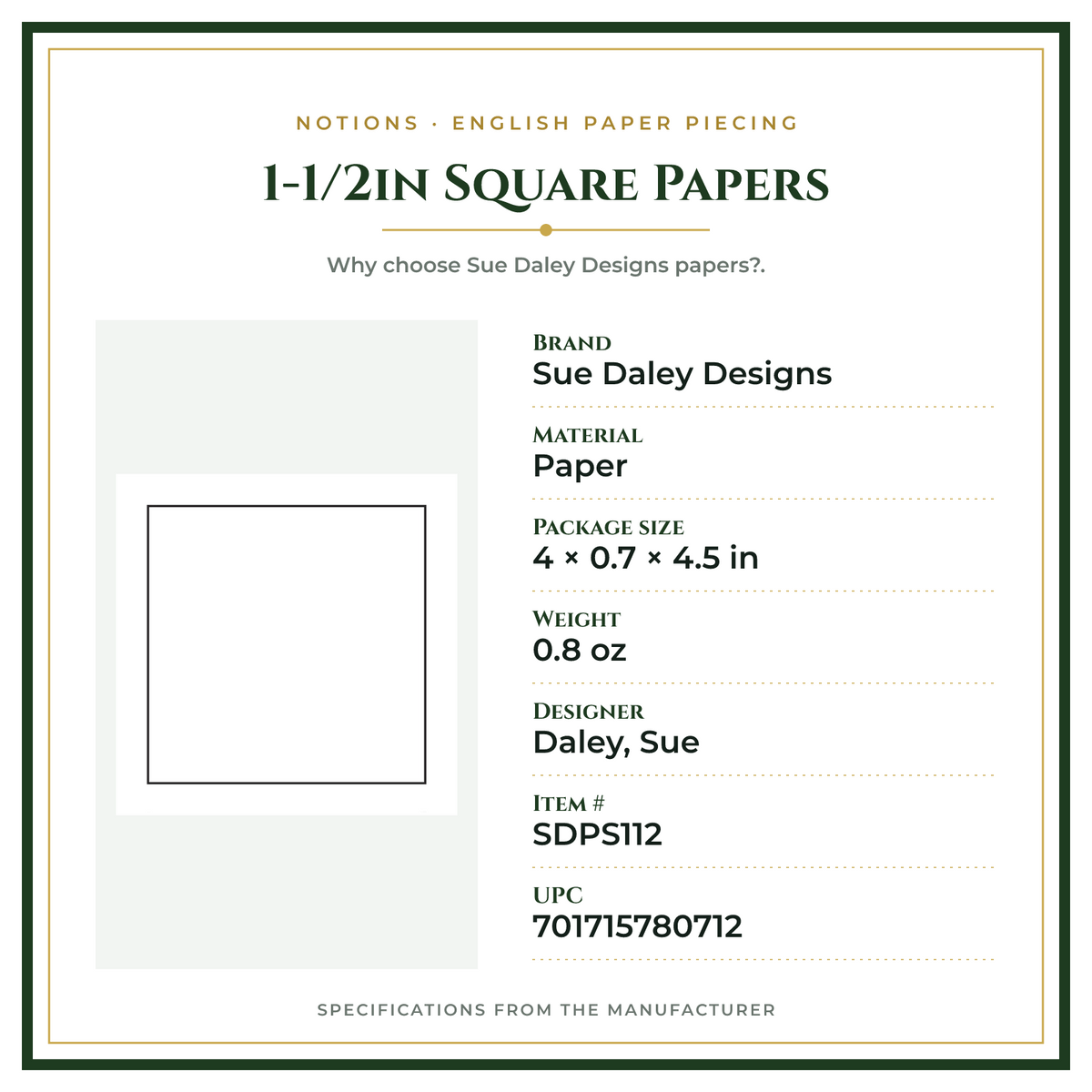 Product Specifications – 1-1/2in Square Papers