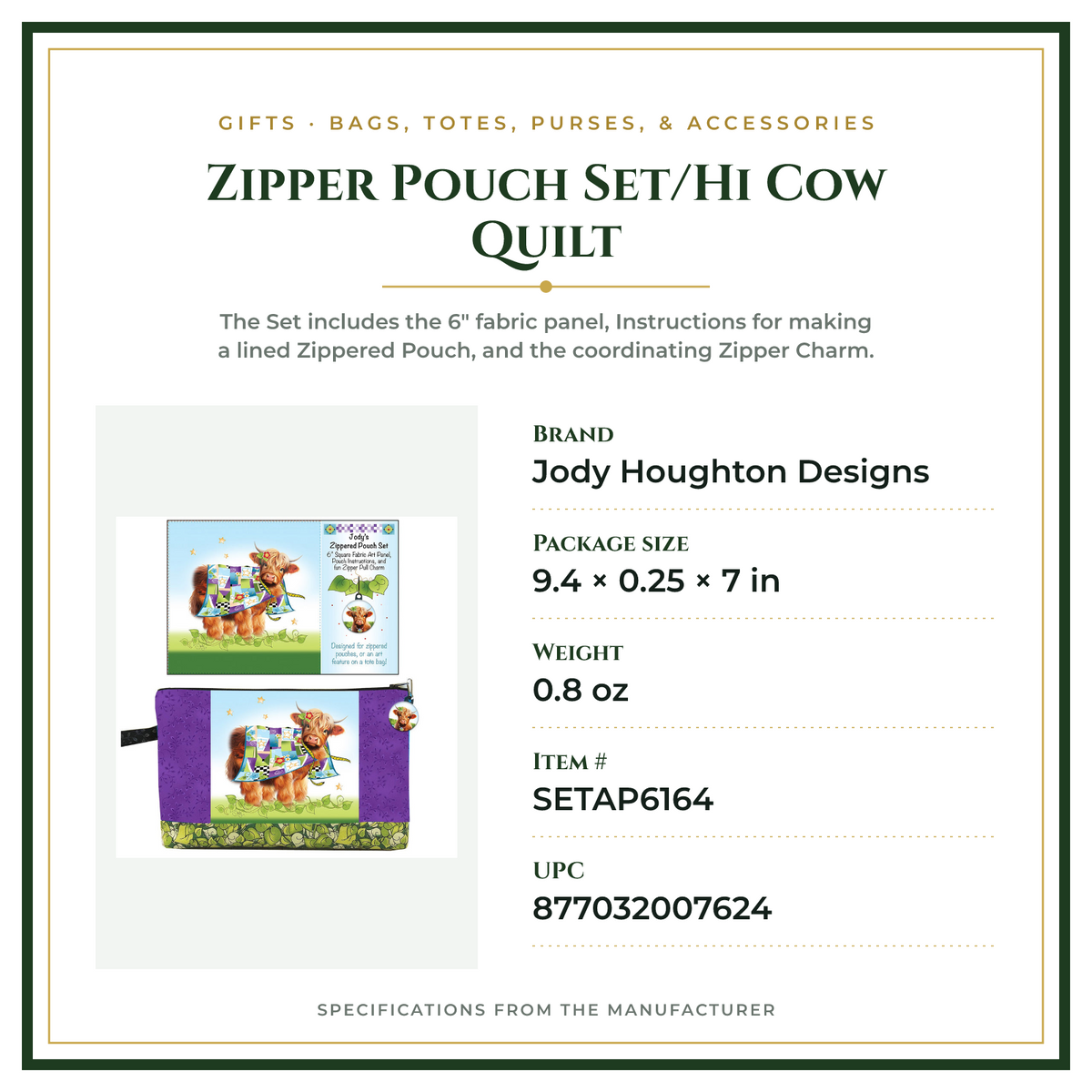 Product Specifications – Zipper Pouch Set/Hi Cow Quilt