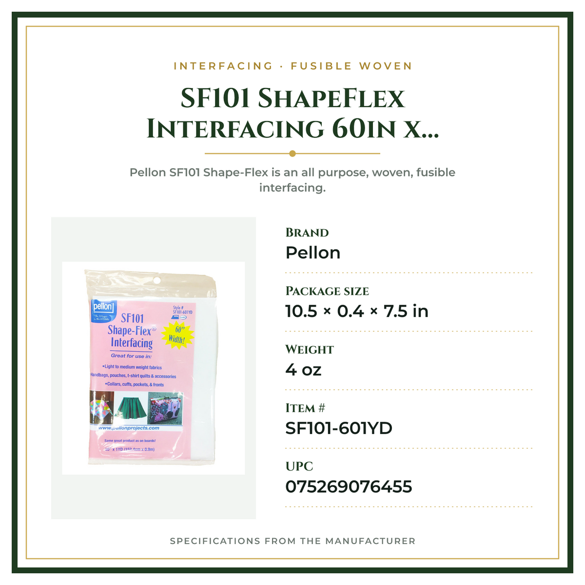 Product Specifications – SF101 ShapeFlex Interfacing 60in x 1yd White