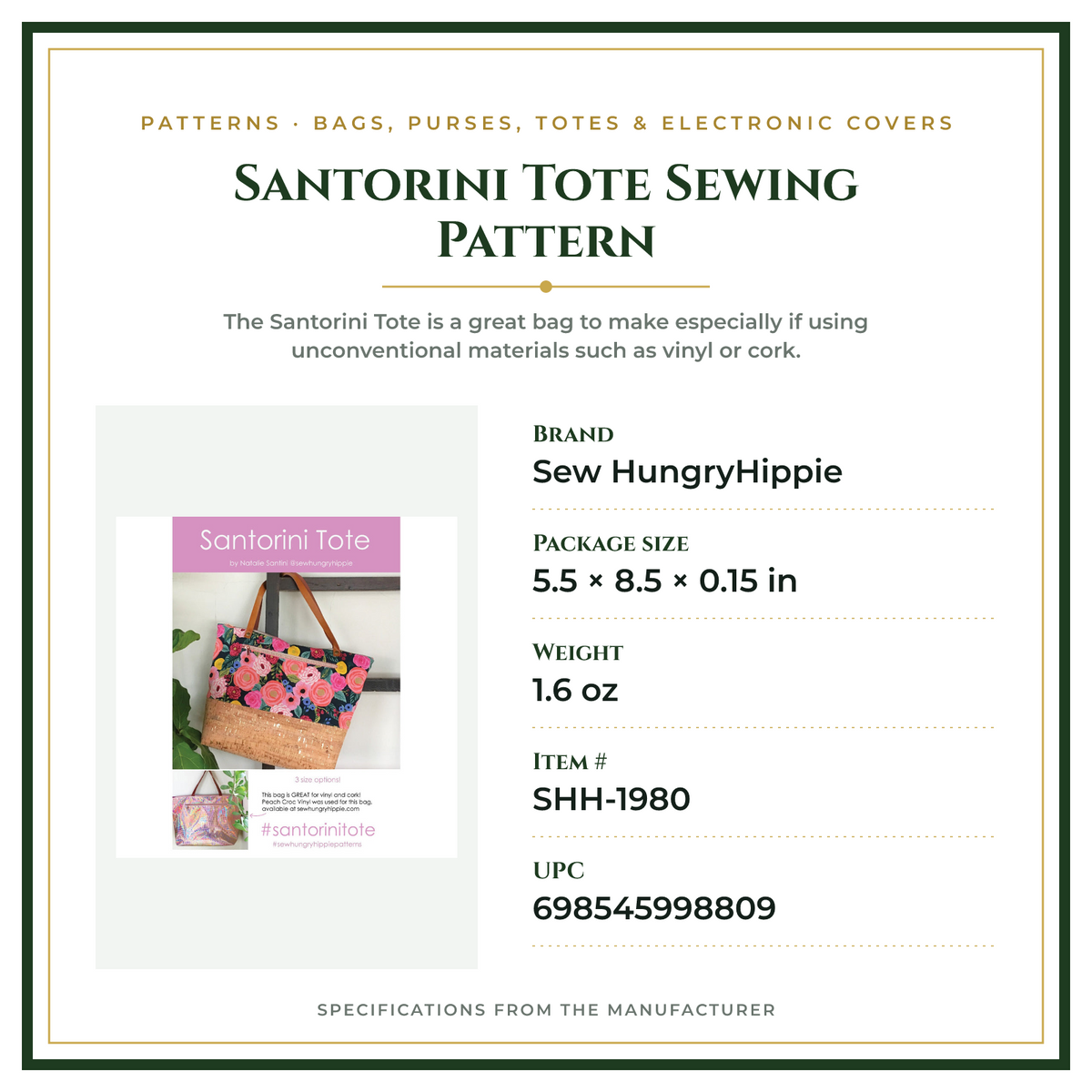 Product Specifications – Santorini Tote Sewing Pattern