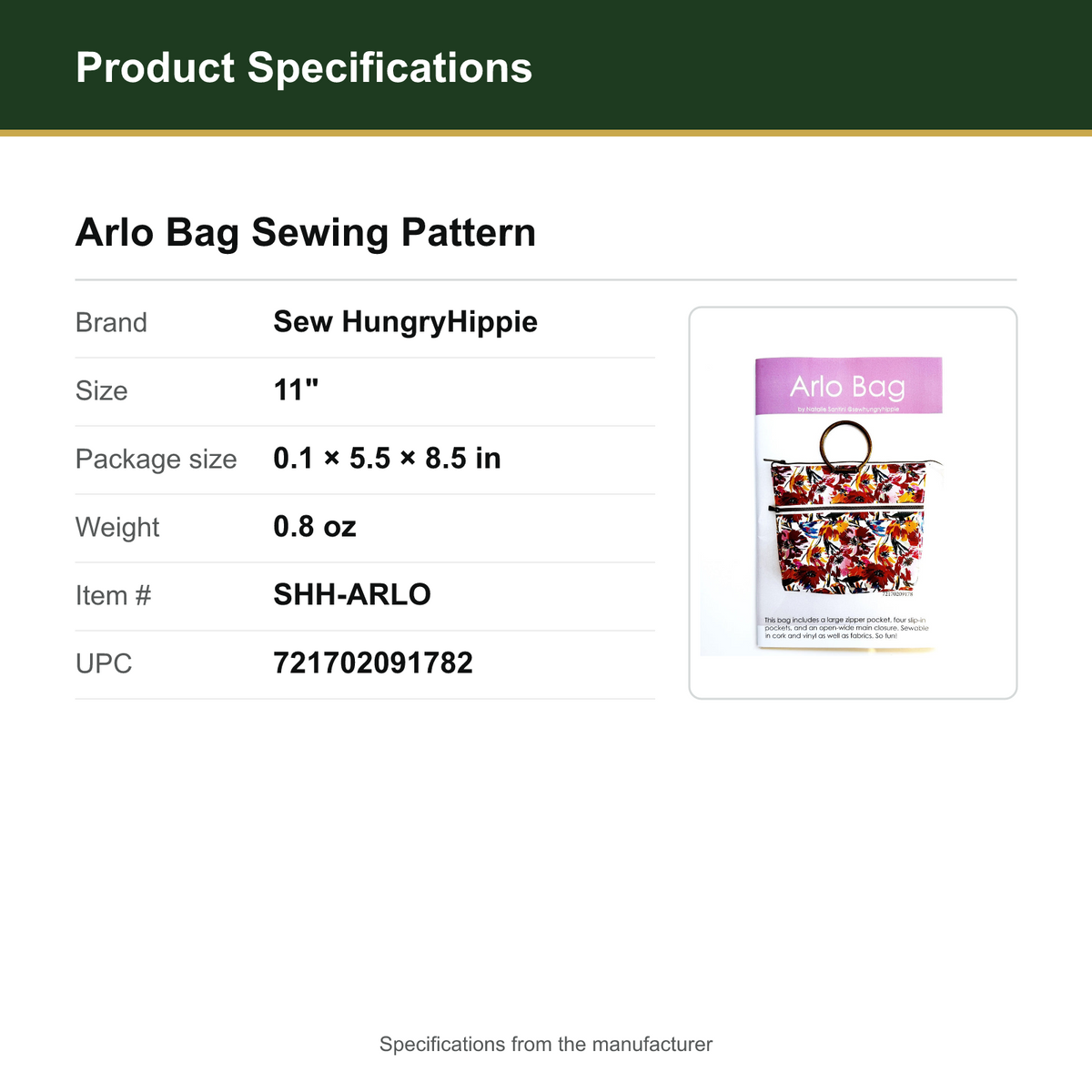 Product Specifications – Arlo Bag Sewing Pattern