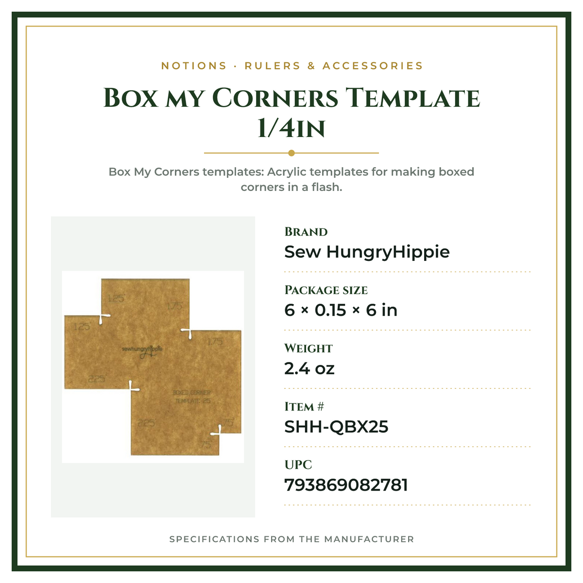 Product Specifications – Box my Corners Template 1/4in