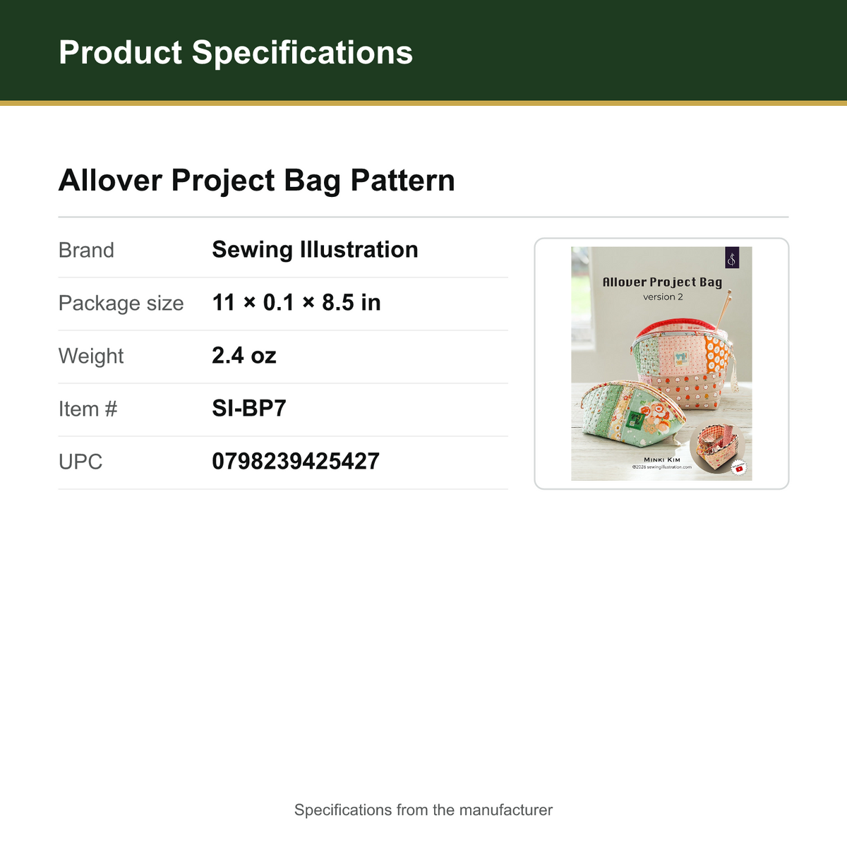 Product Specifications – Allover Project Bag Pattern