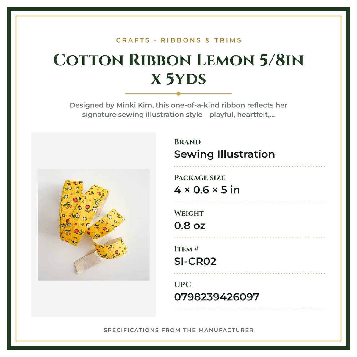 Product Specifications – Cotton Ribbon Lemon 5/8in x 5yds