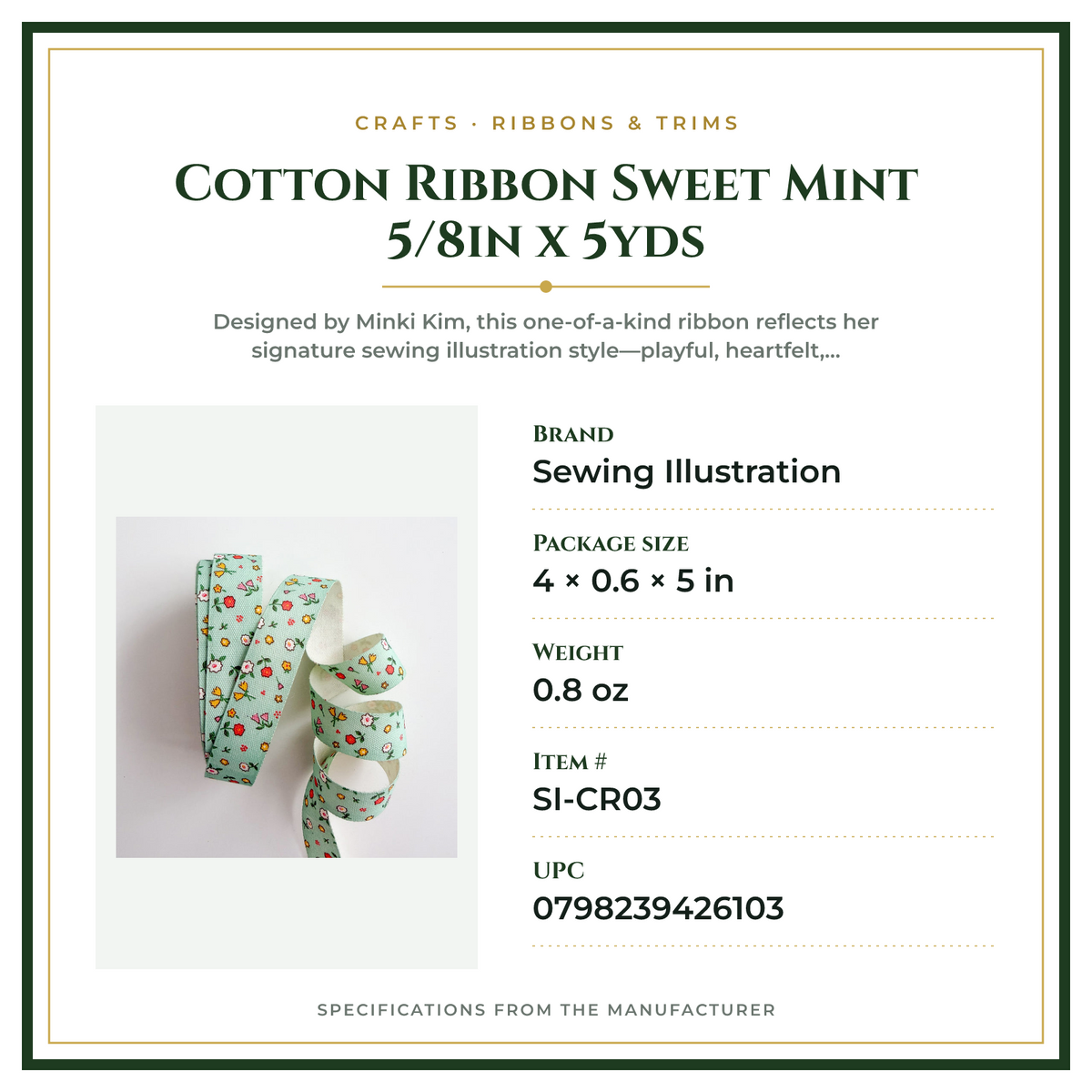 Product Specifications – Cotton Ribbon Sweet Mint 5/8in x 5yds