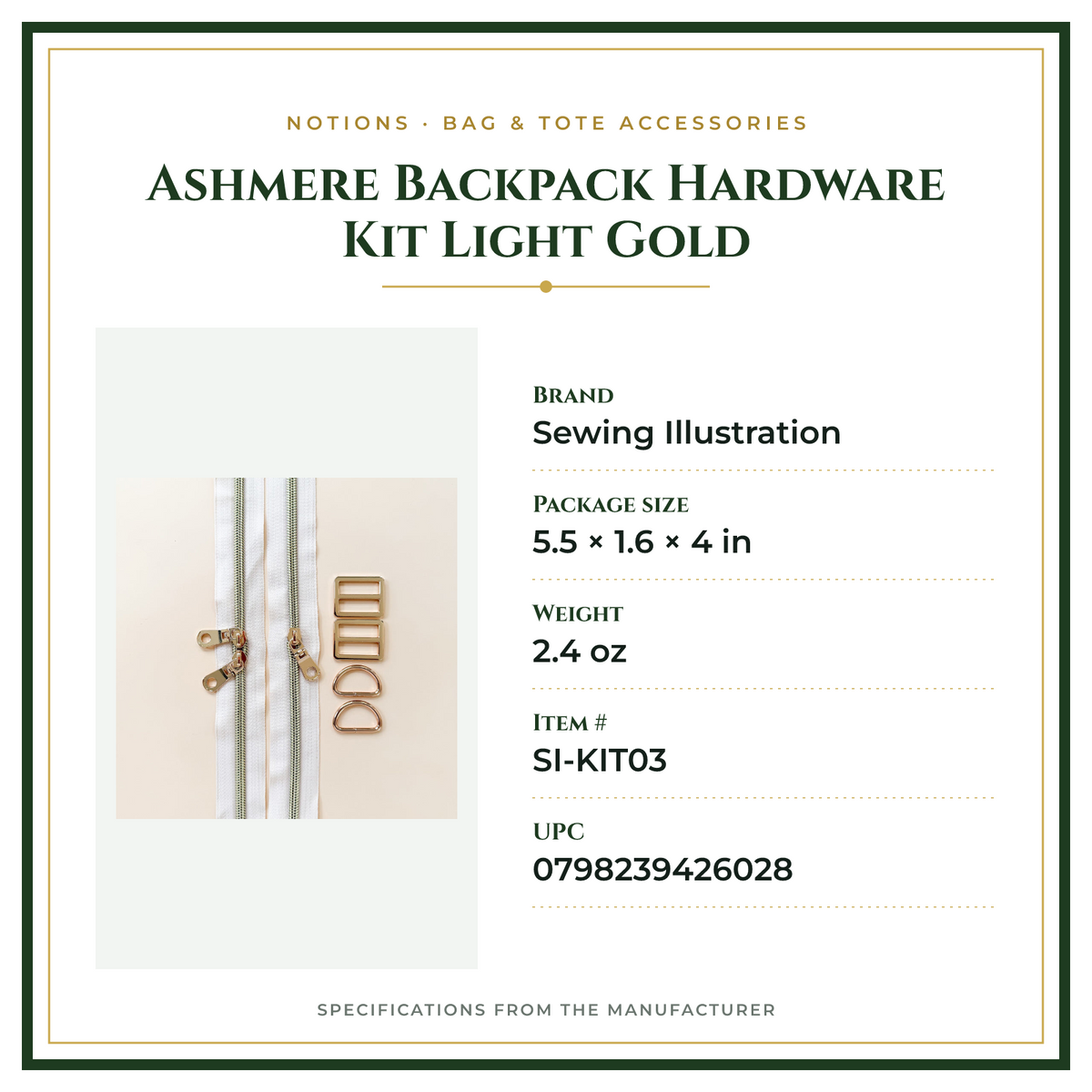 Product Specifications – Ashmere Backpack Hardware Kit Light Gold