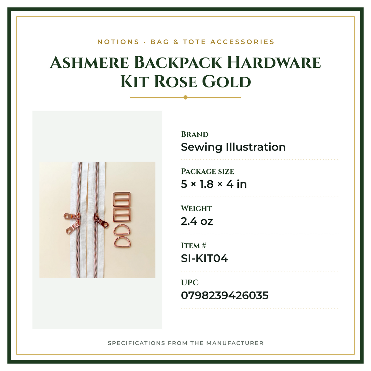 Product Specifications – Ashmere Backpack Hardware Kit Rose Gold
