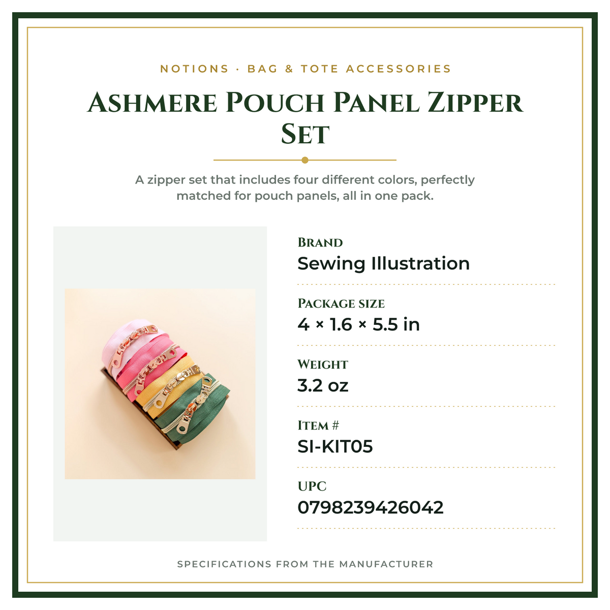 Product Specifications – Ashmere Pouch Panel Zipper Set