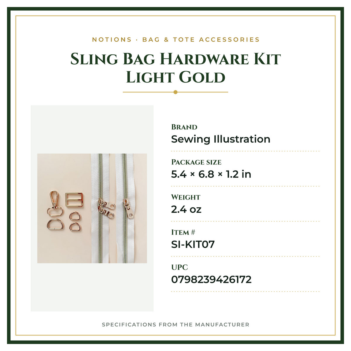Product Specifications – Sling Bag Hardware Kit Light Gold