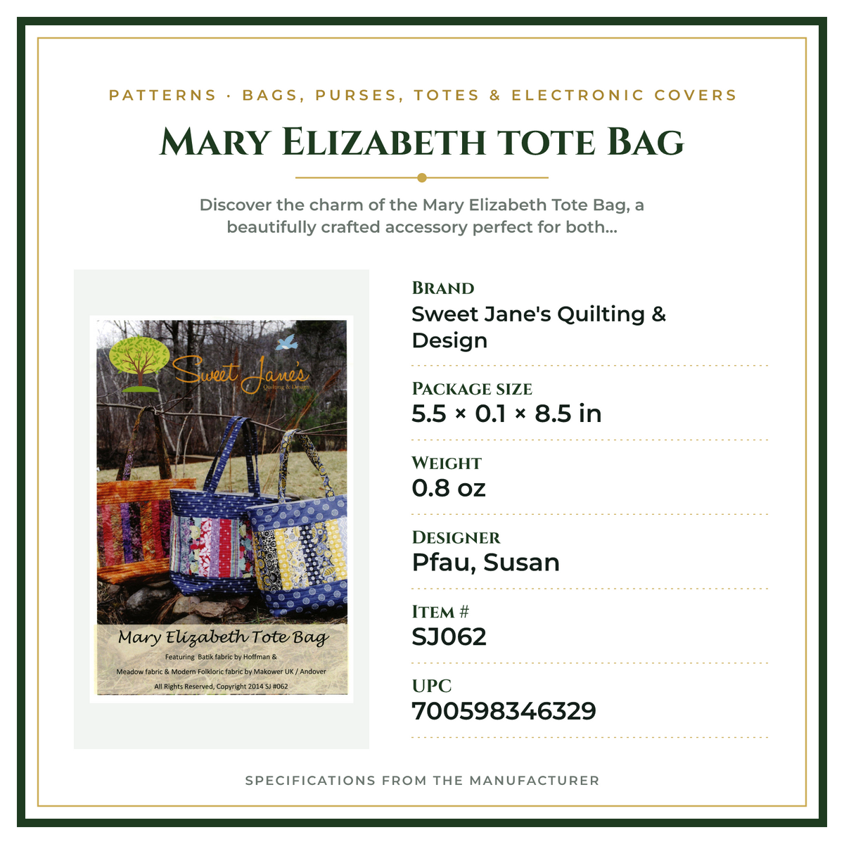 Product Specifications – Mary Elizabeth tote Bag