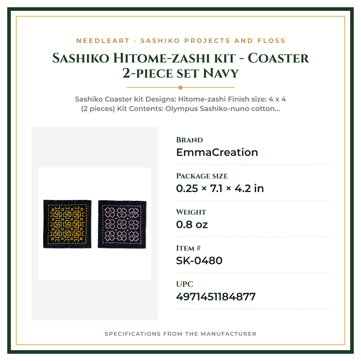 Product Specifications – Sashiko Hitome-zashi kit - Coaster 2-piece set Navy