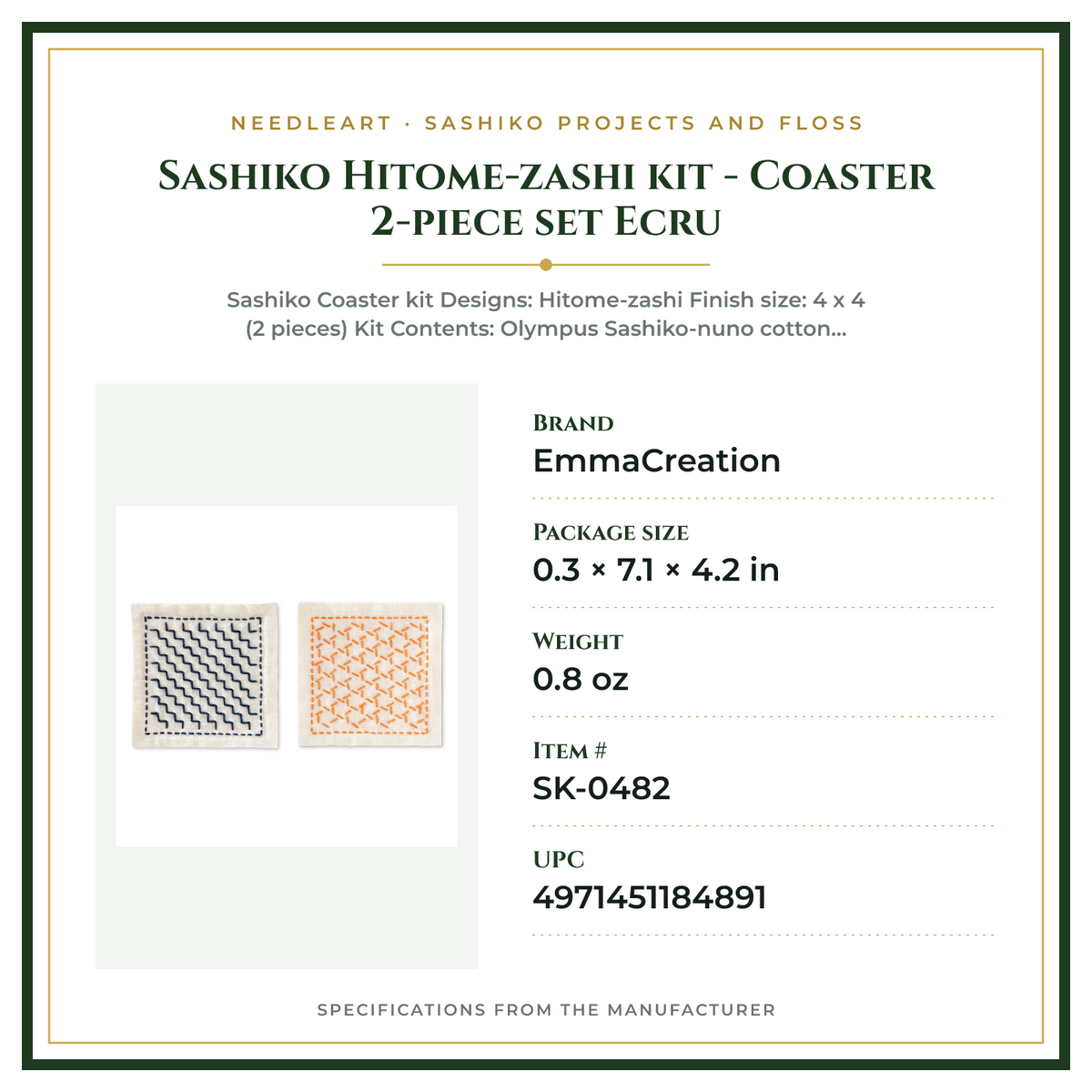 Product Specifications – Sashiko Hitome-zashi kit - Coaster 2-piece set Ecru